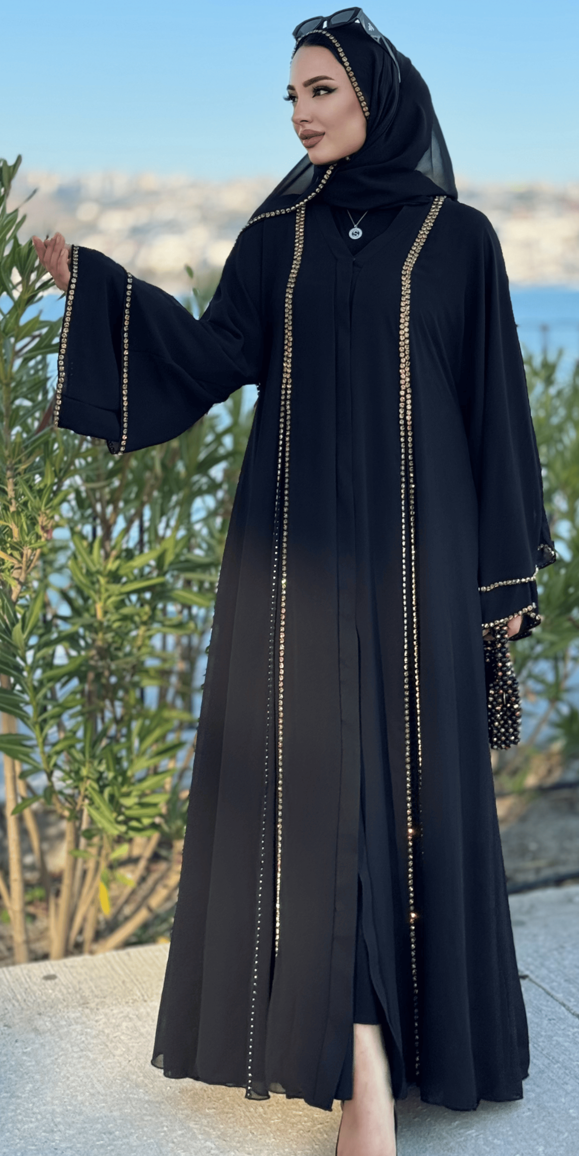 Chiffon Black Abaya with Front Slit and Gold Stones