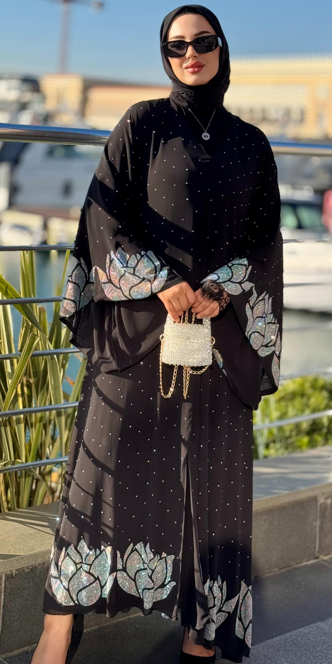 JanJan Stone Detailed Black Stylish Abaya