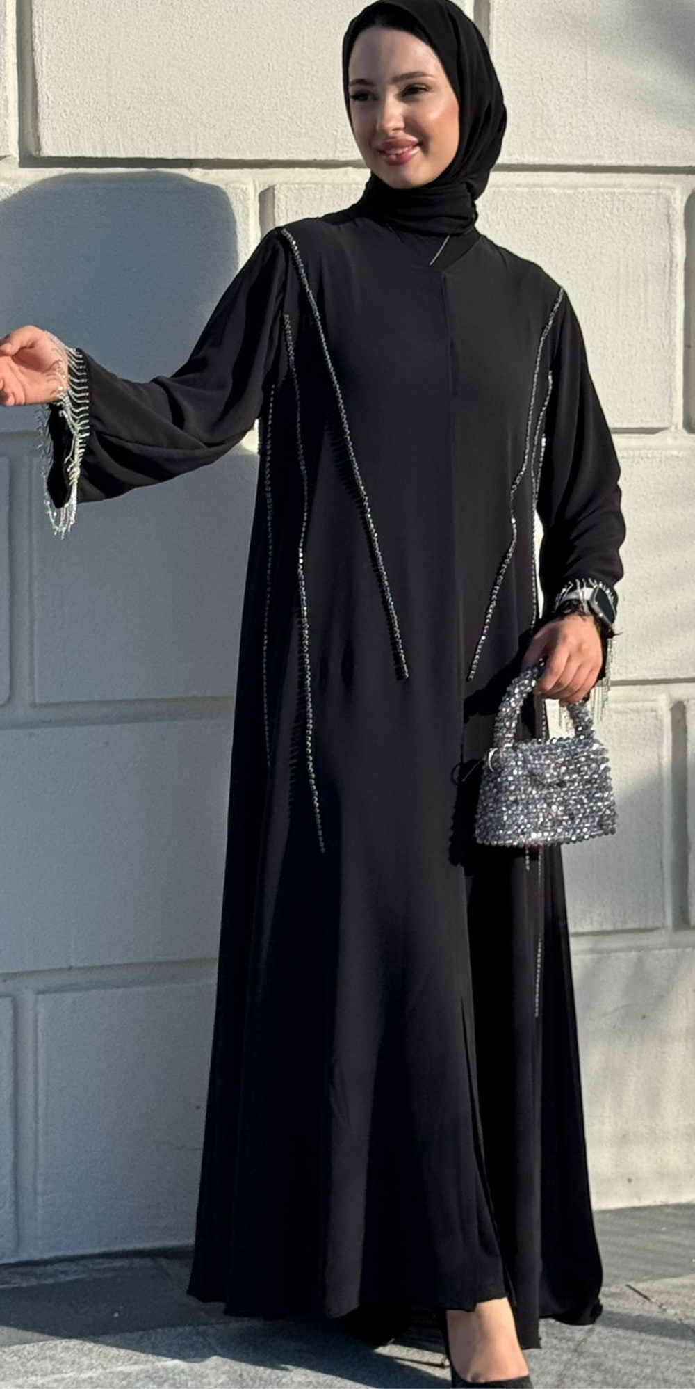 Swarovski Detaylı Siyah Abaya - Yan Taş Süslemeli Zarif Model TM91PB