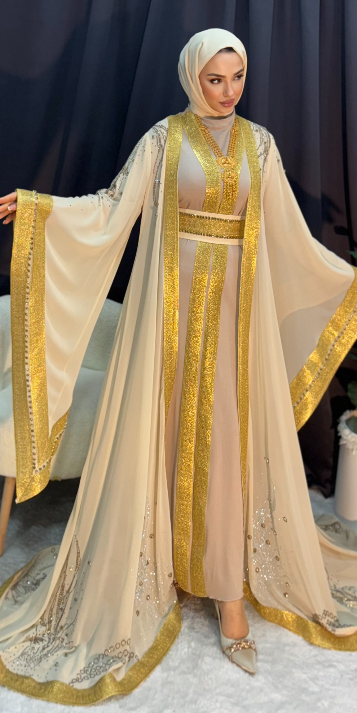 Luxury Chiffon Abaya Cream with Gold Details