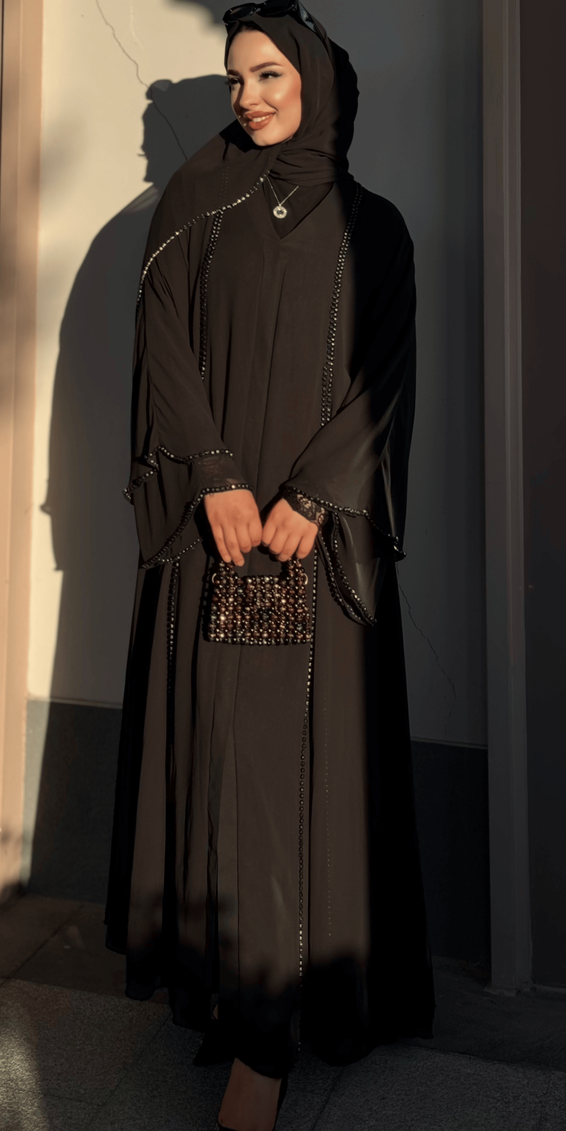 Front Slit Black Stone Chiffon Black Abaya