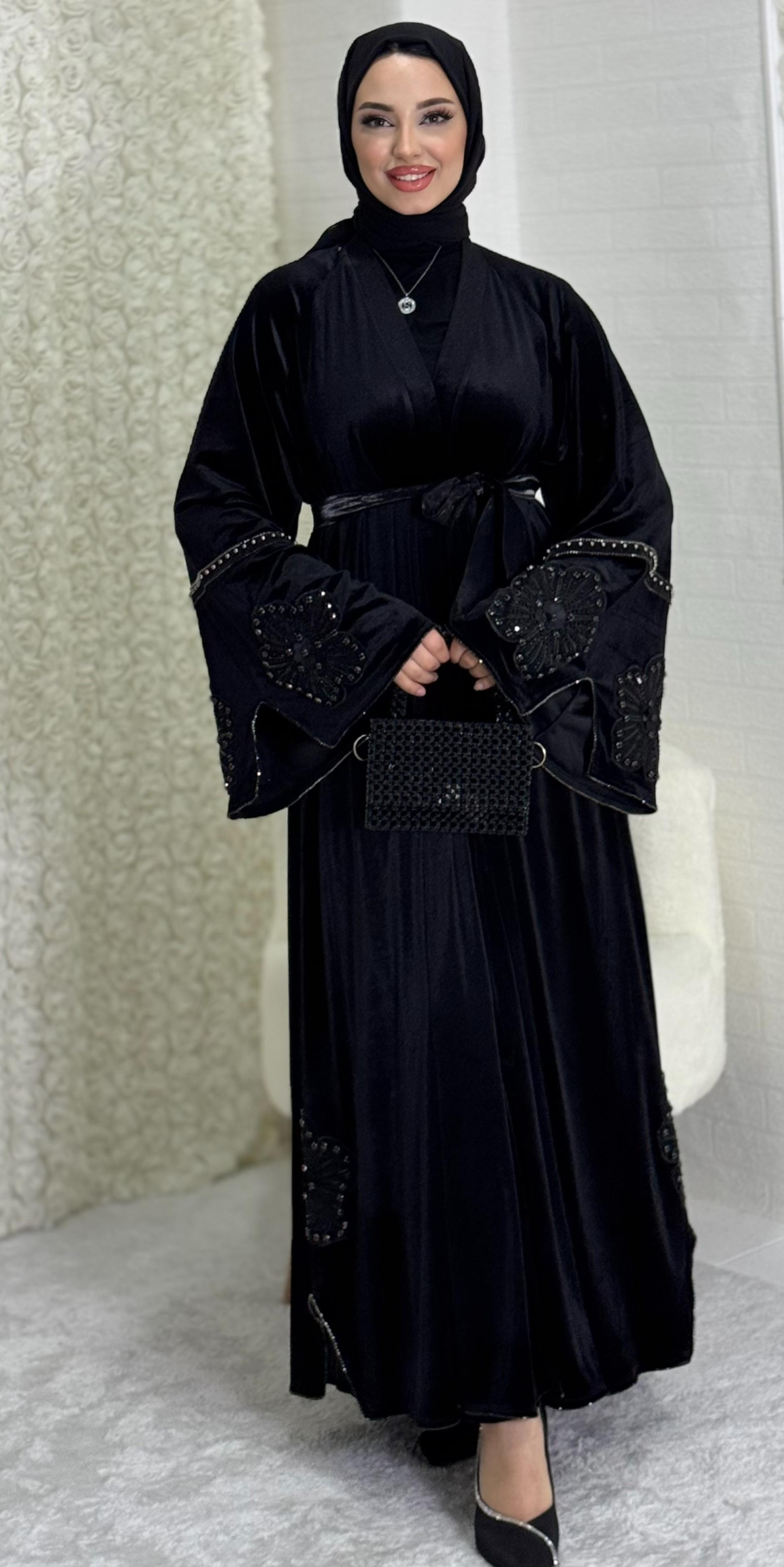 Black Stylish Abaya with Flower Detail on Sleeves