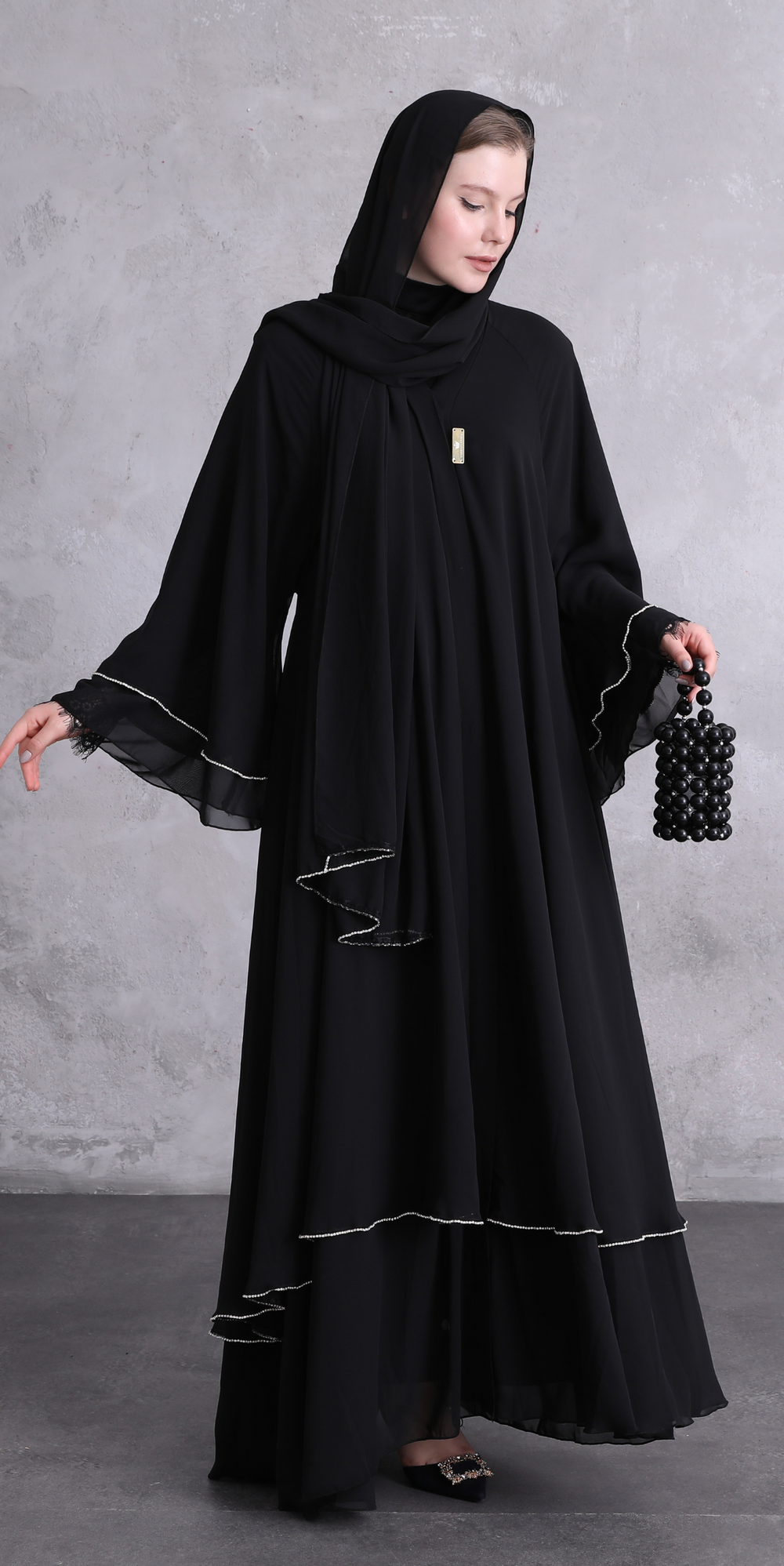 عباية بطبقتين بأزرار كبس أمامية RK009 - طقم من 3 قطع (يشمل الشال والحزام)