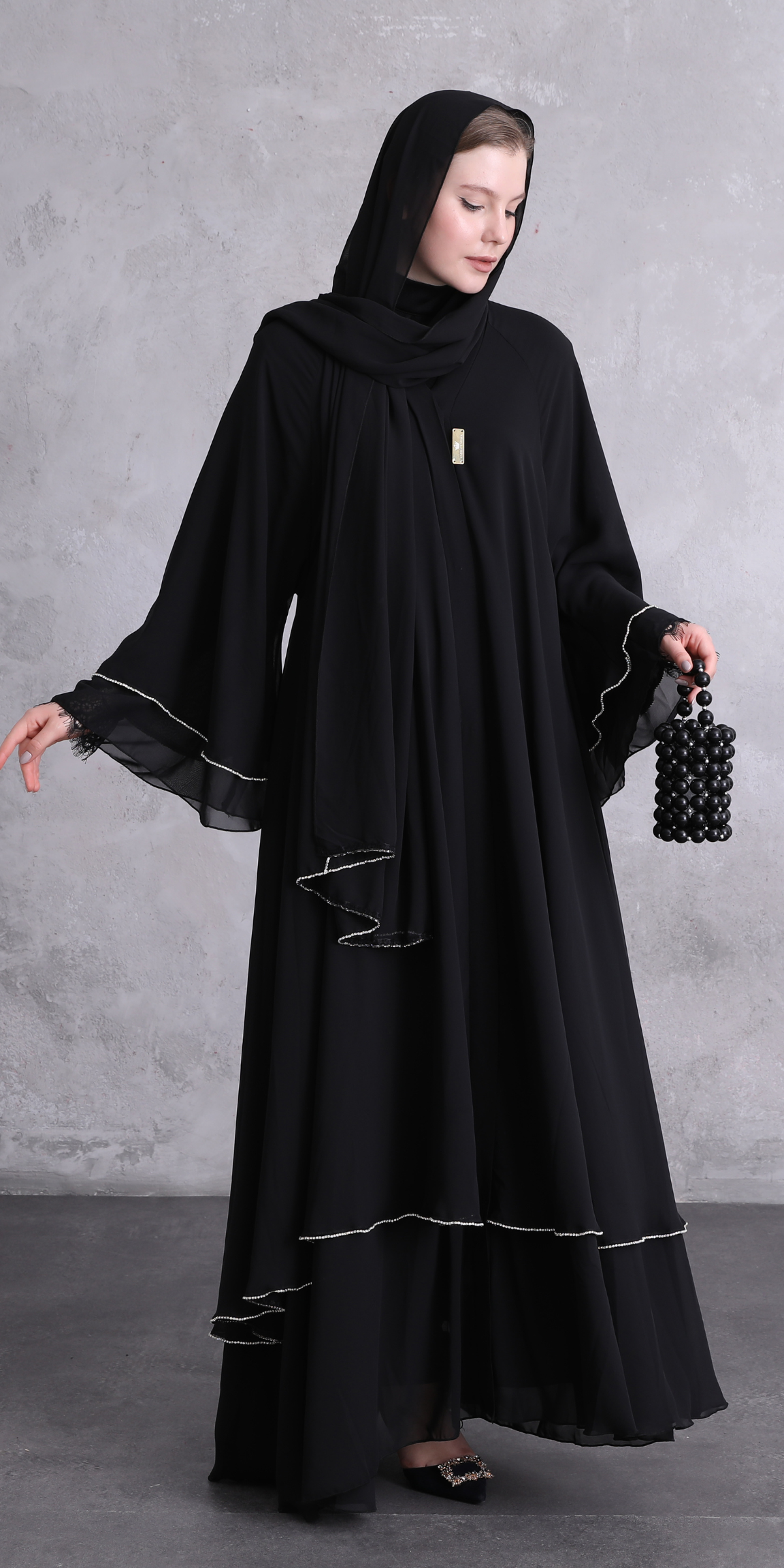 İki Katlı Swarovski Taşlı Abaya