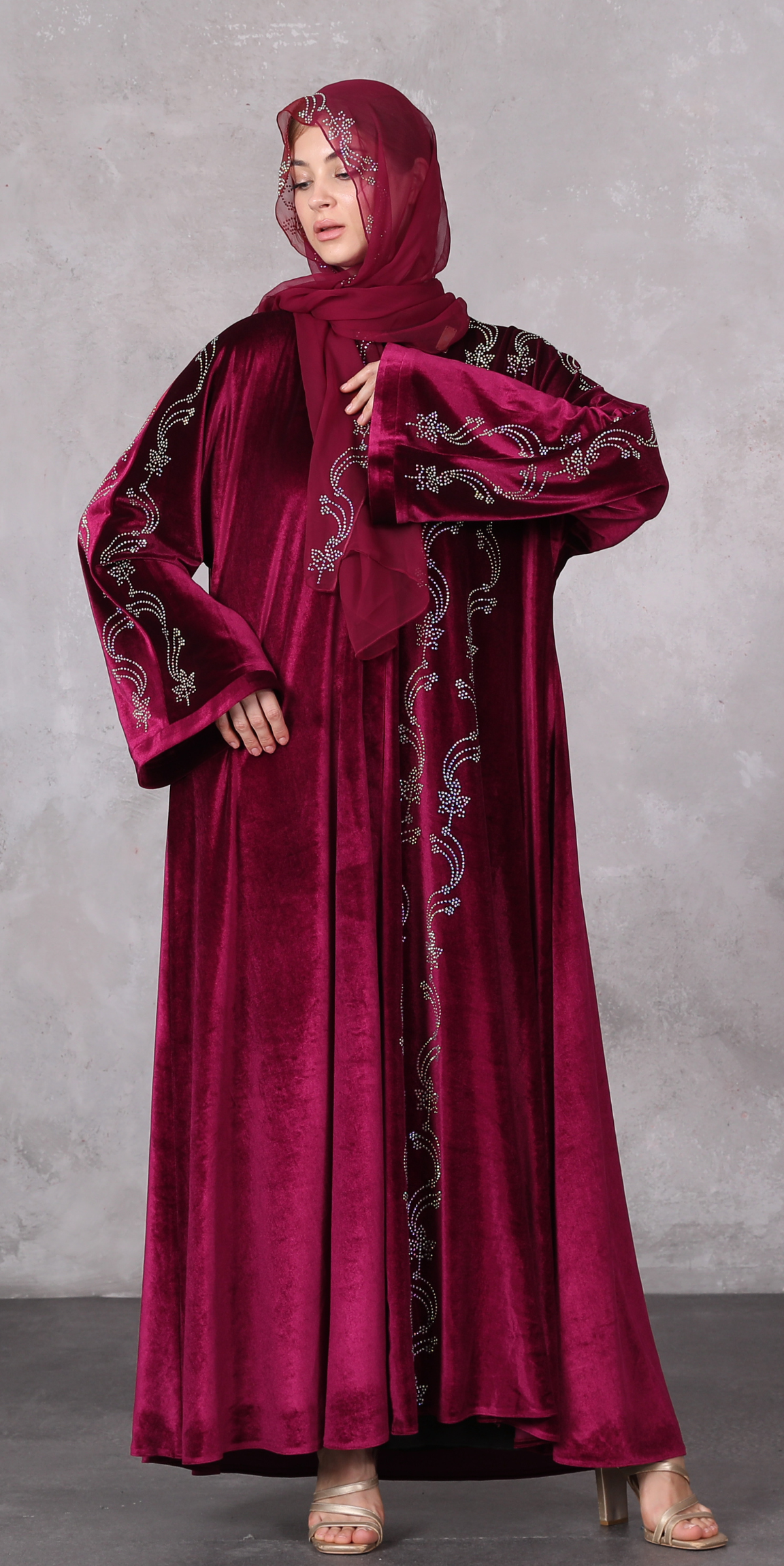 Velvet Burgundy Abaya with Swarovski Stone Pattern on Shoulders