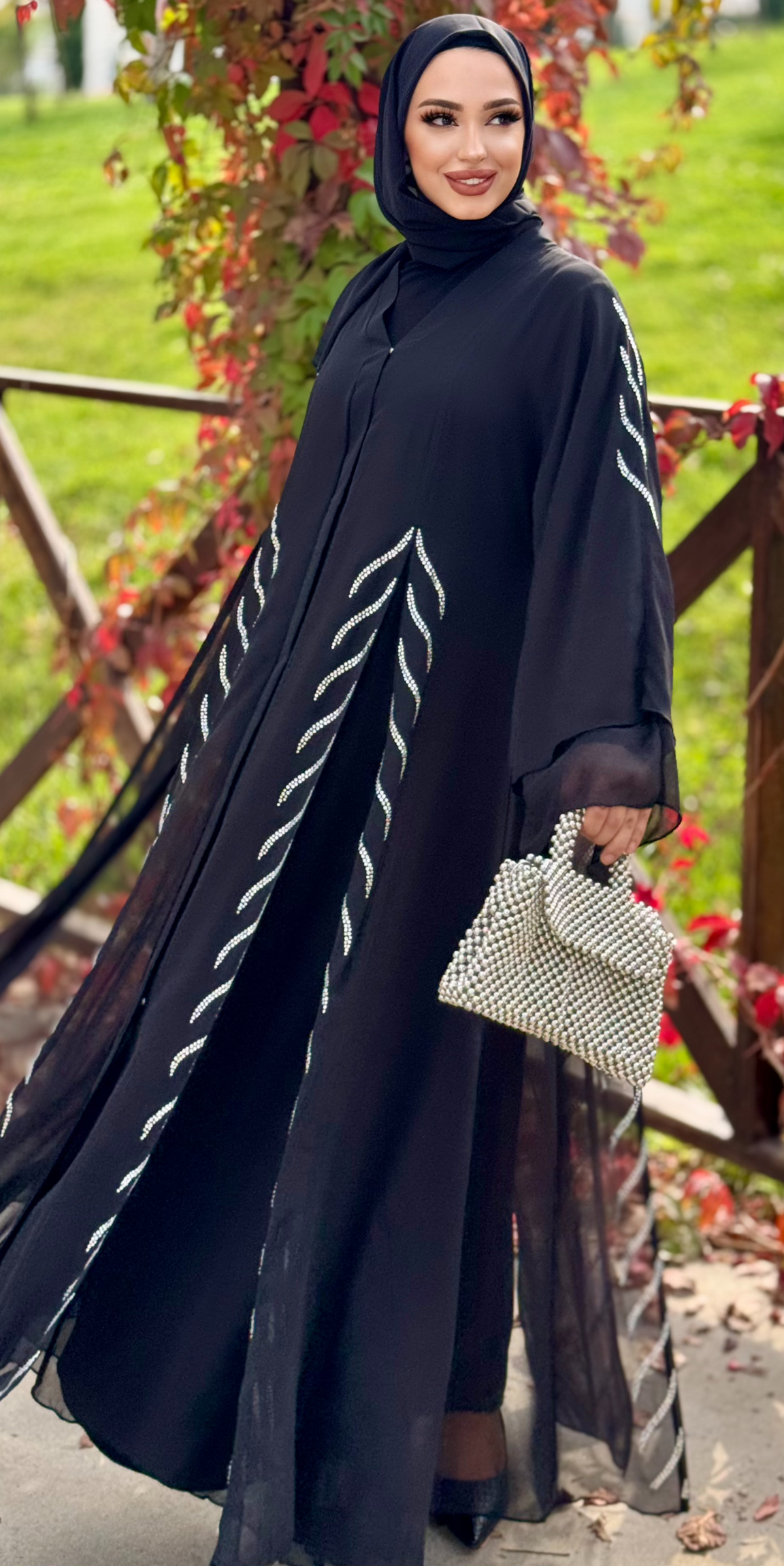 Black Abaya with Sworski Stones and Front Slit