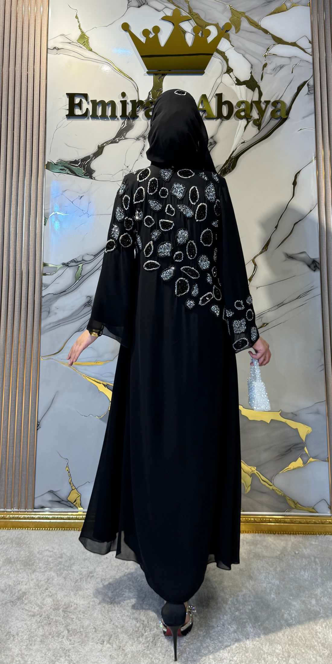 Dubai Style Black Abaya with Hand Embroidered Beads on Shoulders