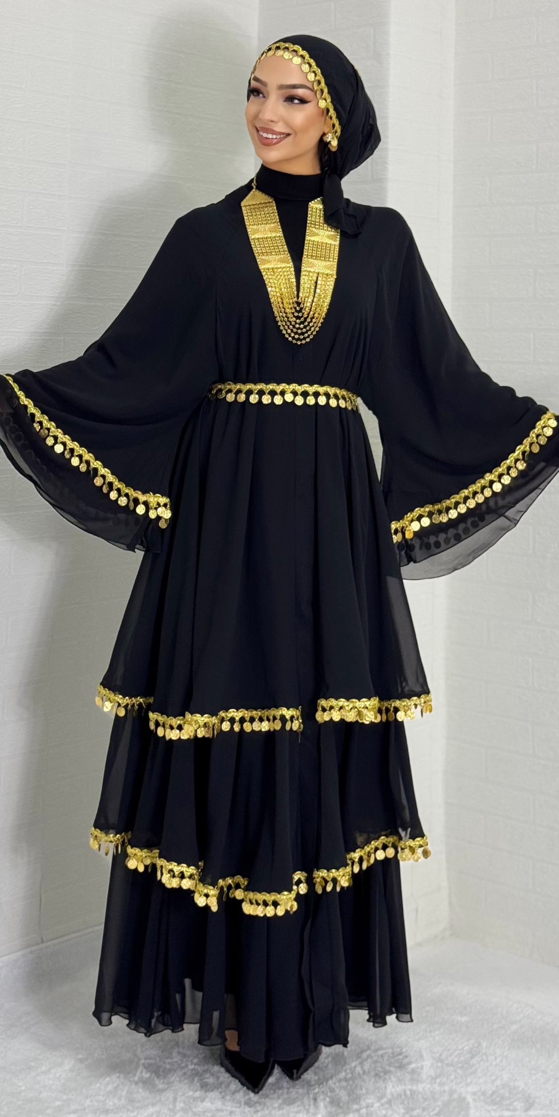 Three Layers Black Traditional Abaya