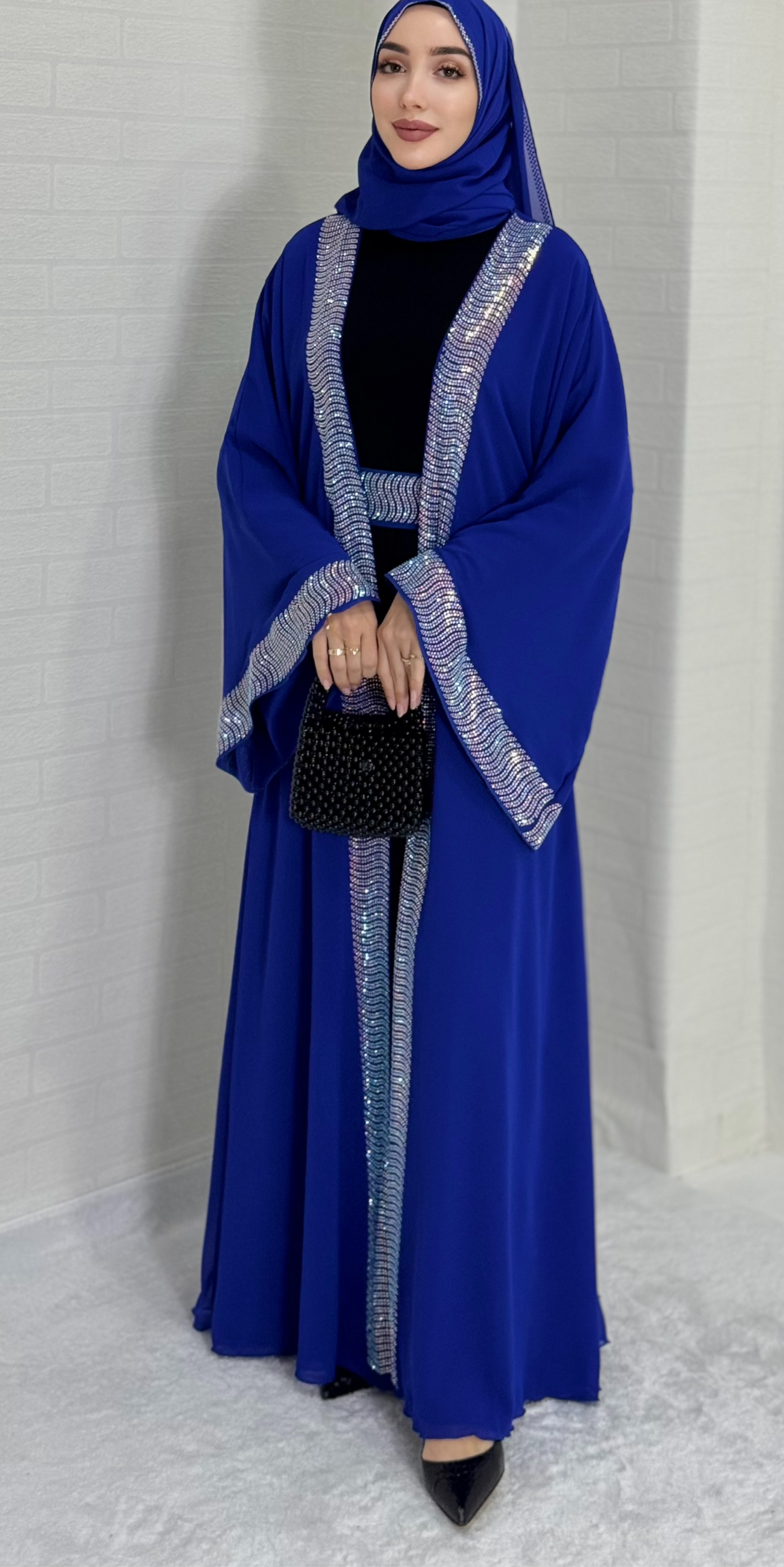 Stylish Blue Abaya with Swarovski Stones on the Front