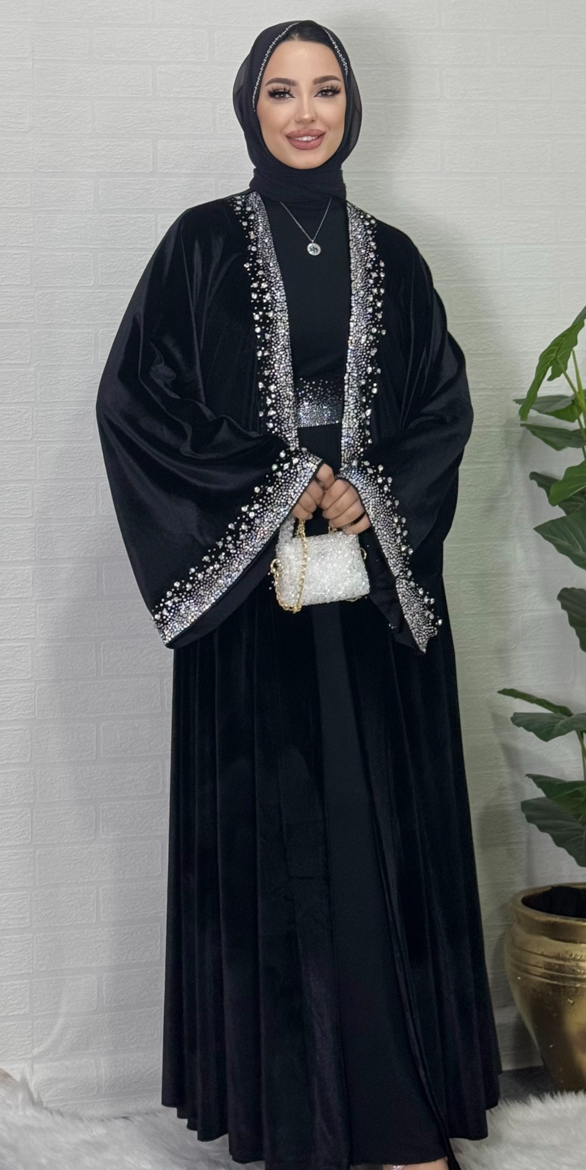 Elegant Velvet Abaya with Crystal Stones on the Front