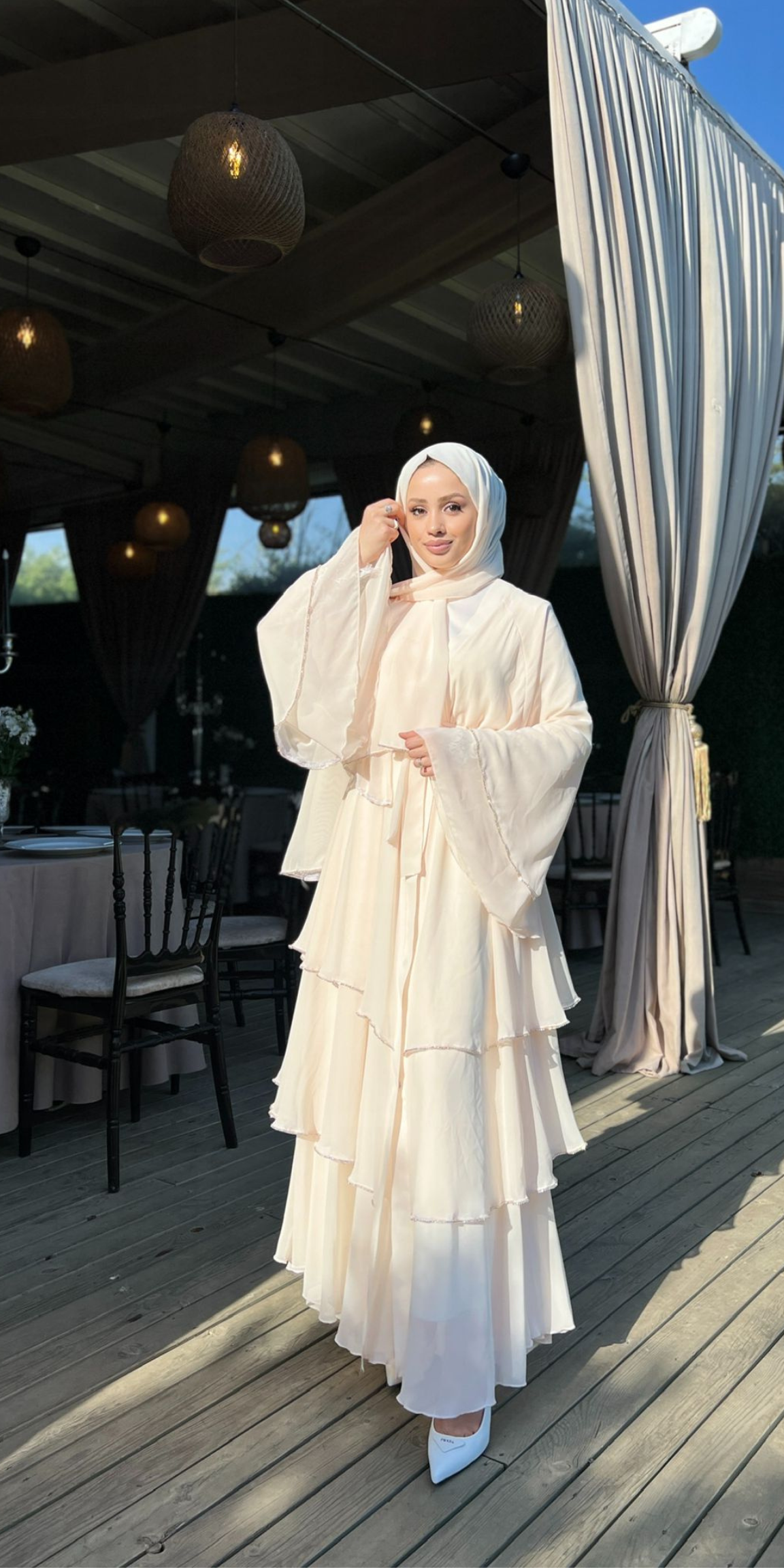 Three Layered Swarovski Stone Cream Abaya