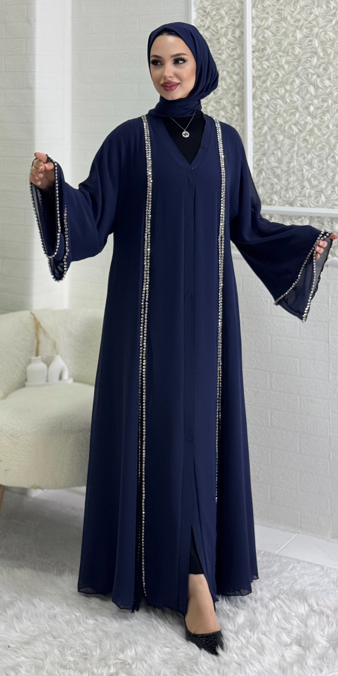 Front Slit Crystal Stone Chiffon Blue Abaya