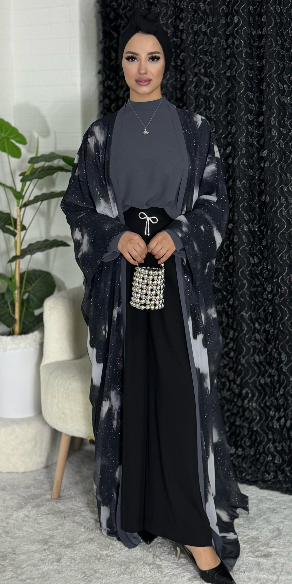 Galaksi Desenli Şifon Tulumlu Kimono