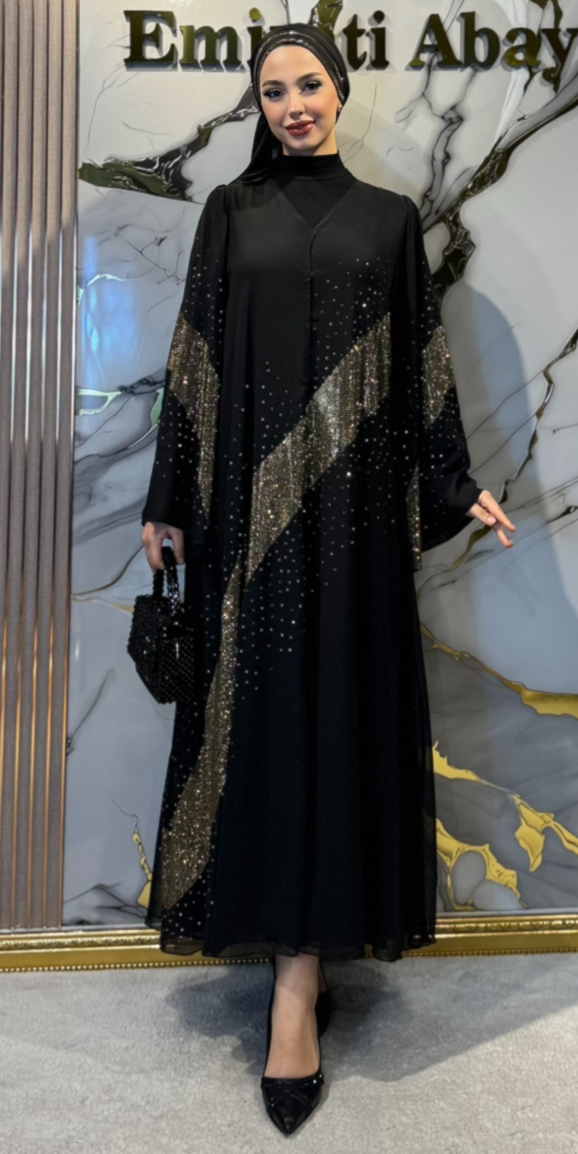 Çapraz Gold Taşlı Siyah Şifon Abaya | Lüks Düğün Abayası TM35 GSDB