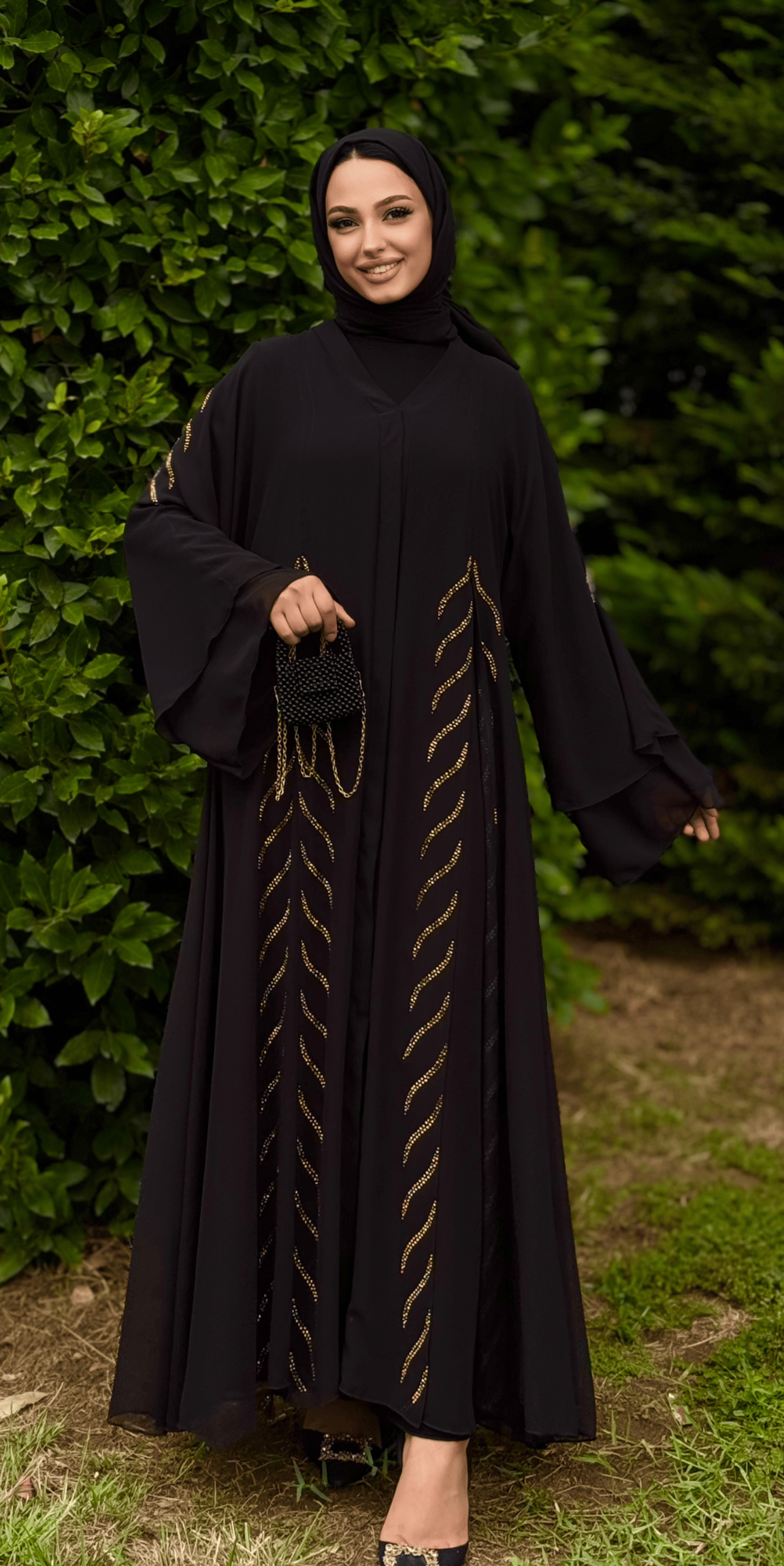 Black Abaya with Front Slit and Gold Stones