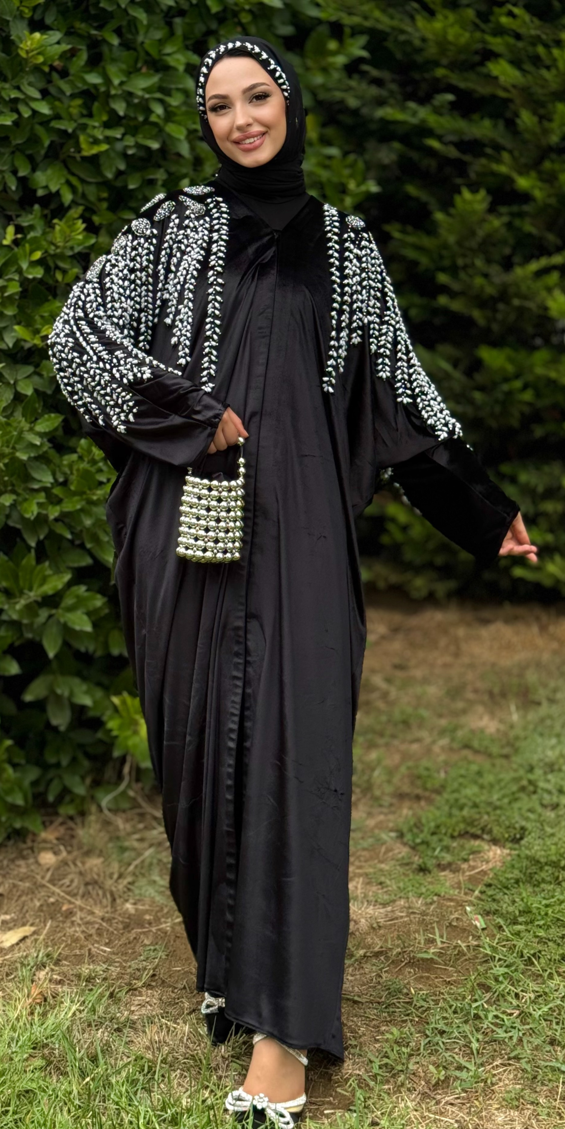 Black Velvet Abaya with Pearls and Swarovski Stone Embroidered Shoulders