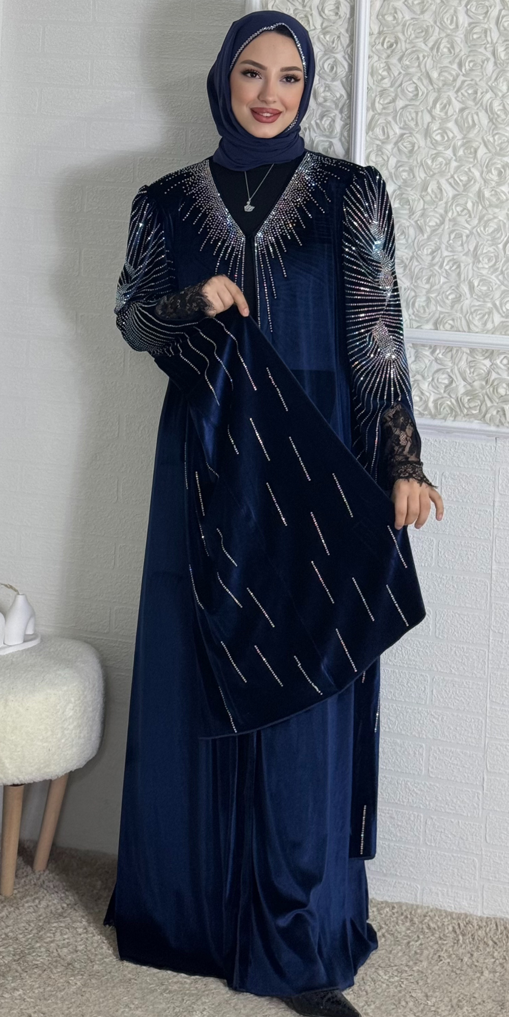 Janjan Taşlı Lacivert Kadife Abaya TM82 VJSL