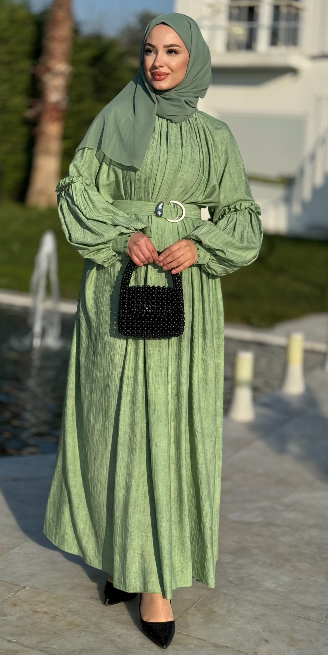 Pileli Jupiter Kumaş Günlük Şık Mint Yeşili Tesettür Abaya