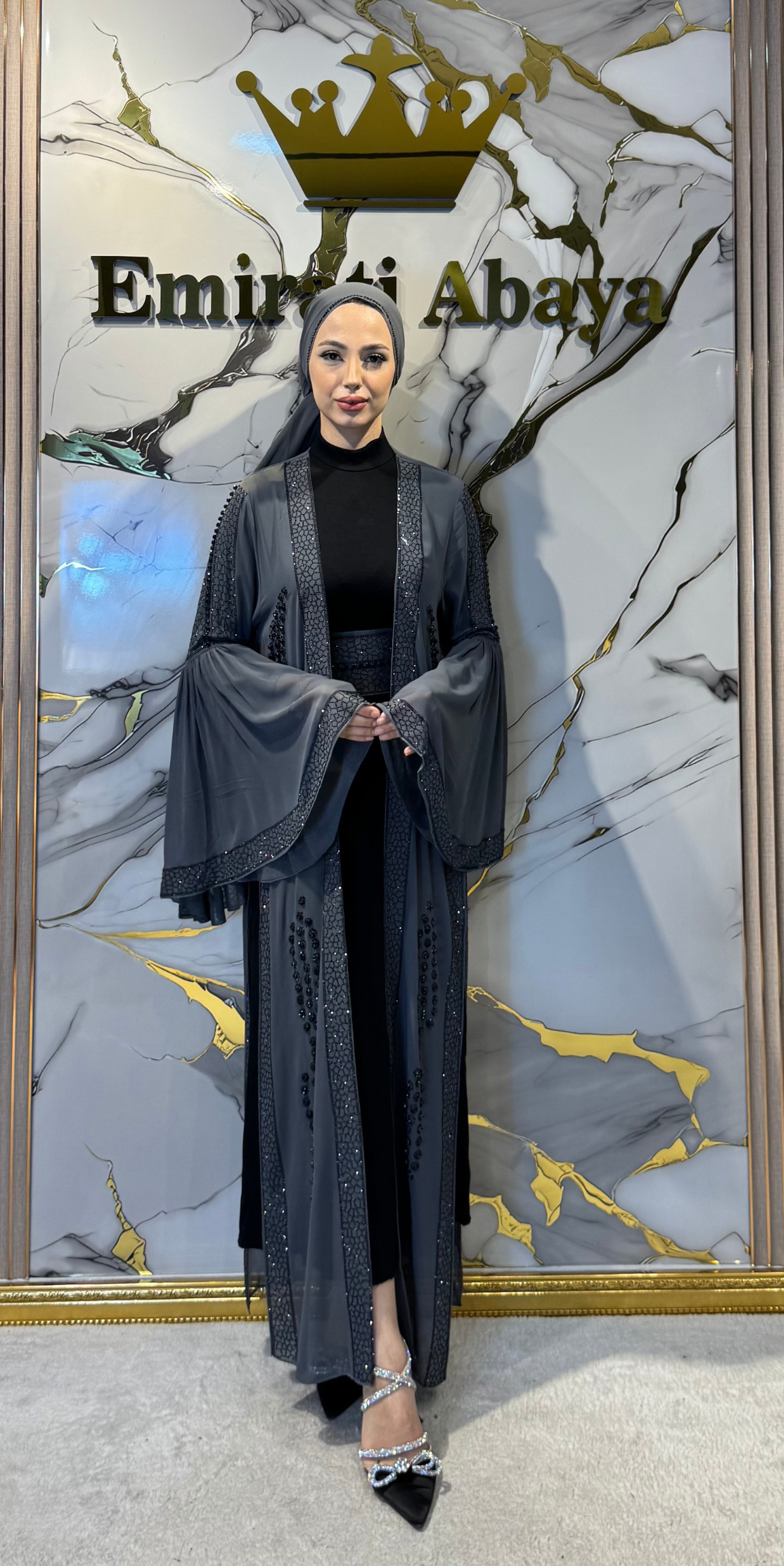 Black Stoned Gray Local Abaya with Open Front