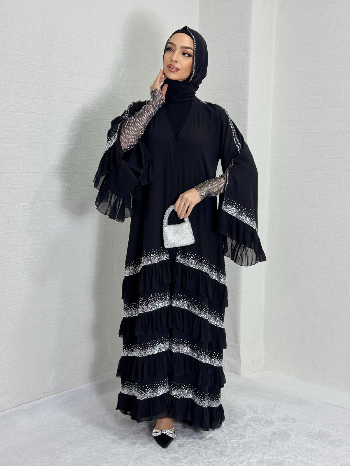 Beyaz Taşlı Kat Kat Şifon Abaya