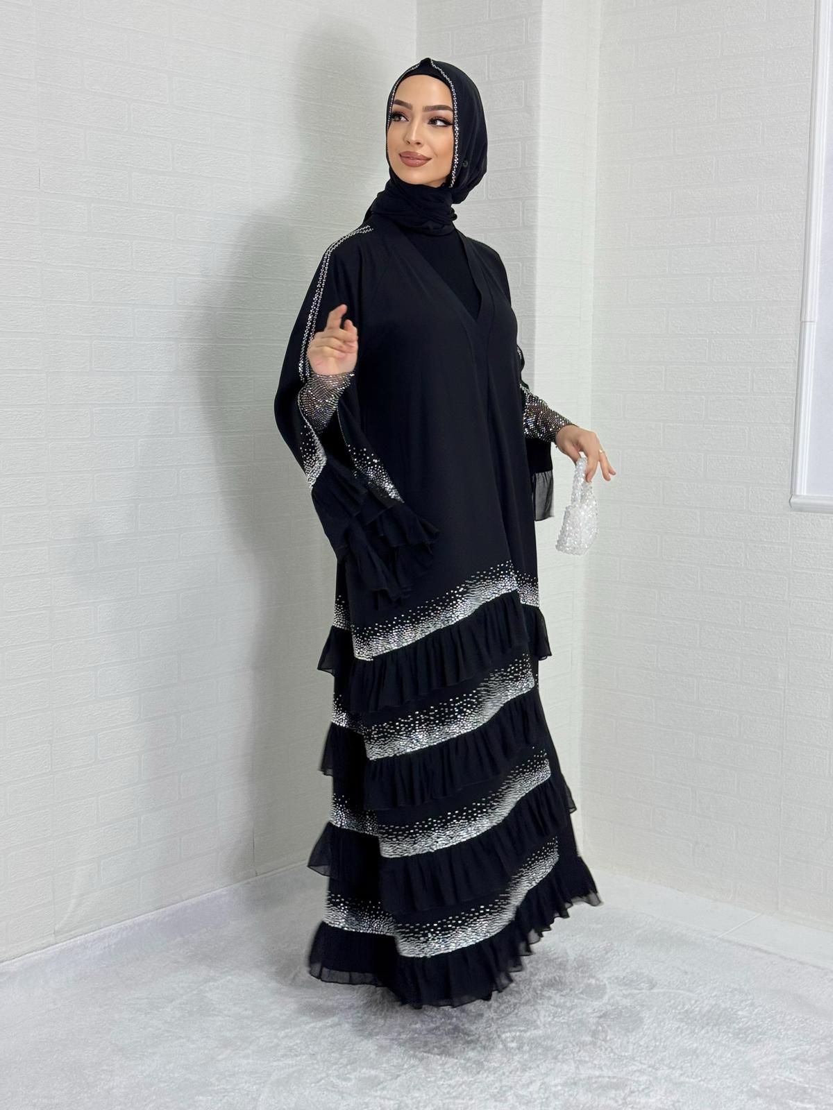 Beyaz Taşlı Kat Kat Şifon Abaya