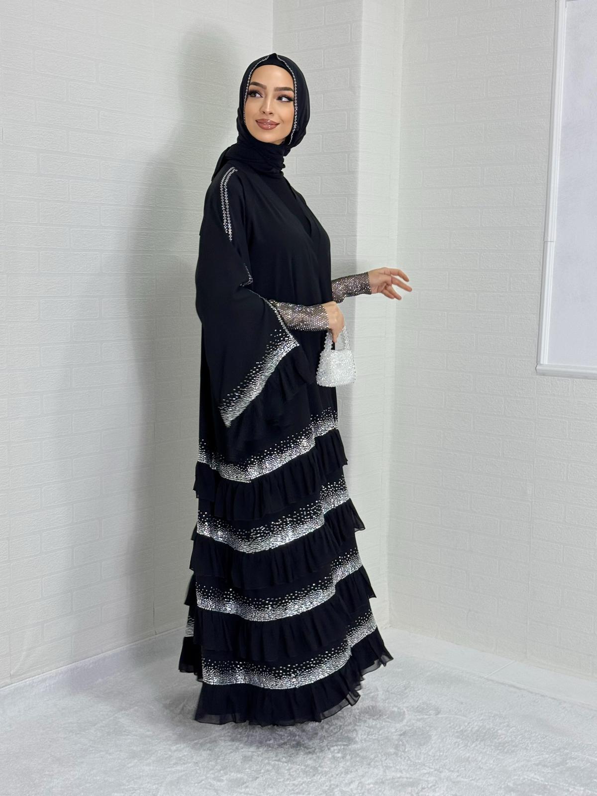 Beyaz Taşlı Kat Kat Şifon Abaya