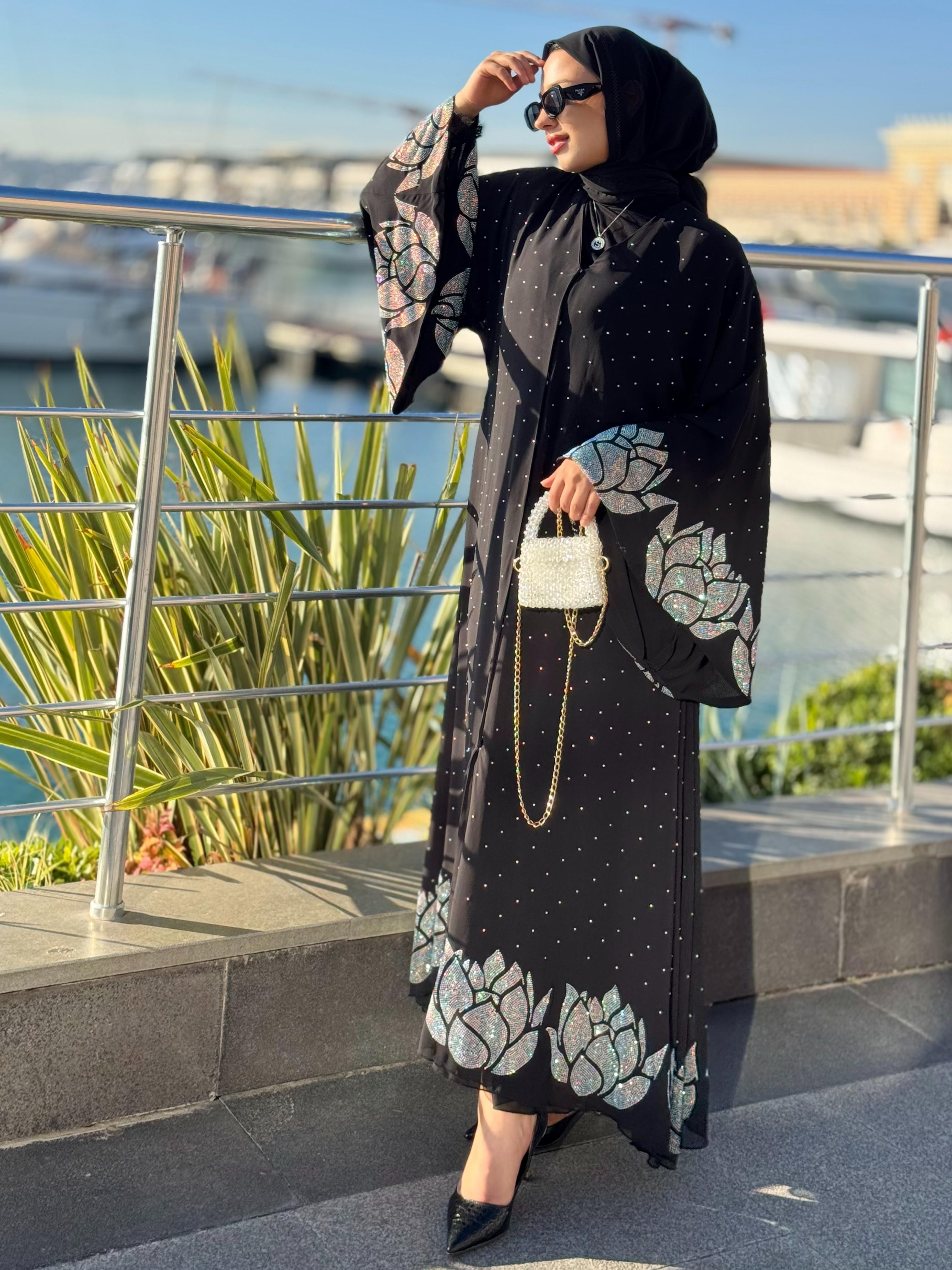 JanJan Stone Detailed Black Stylish Abaya