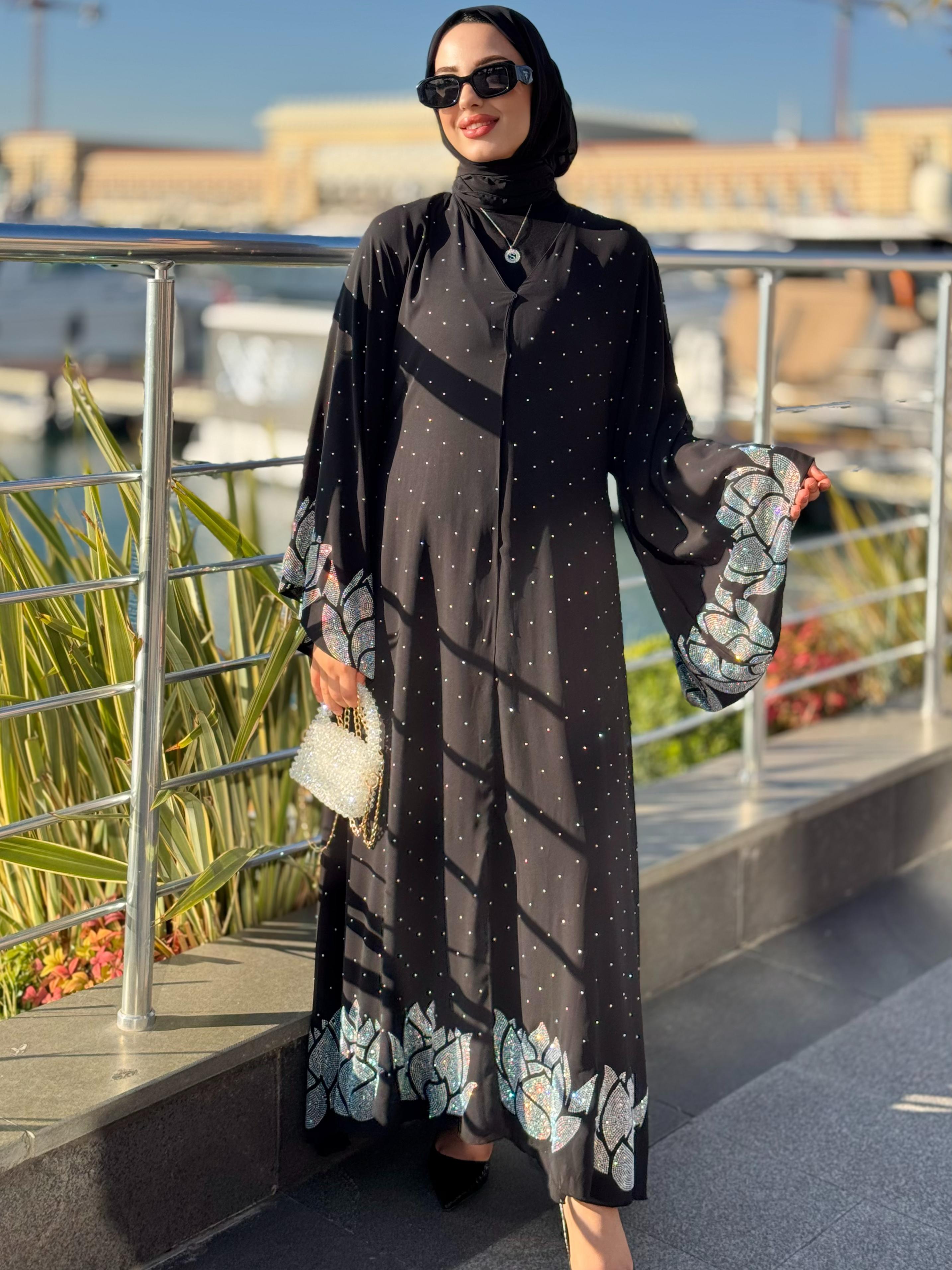 JanJan Stone Detailed Black Stylish Abaya