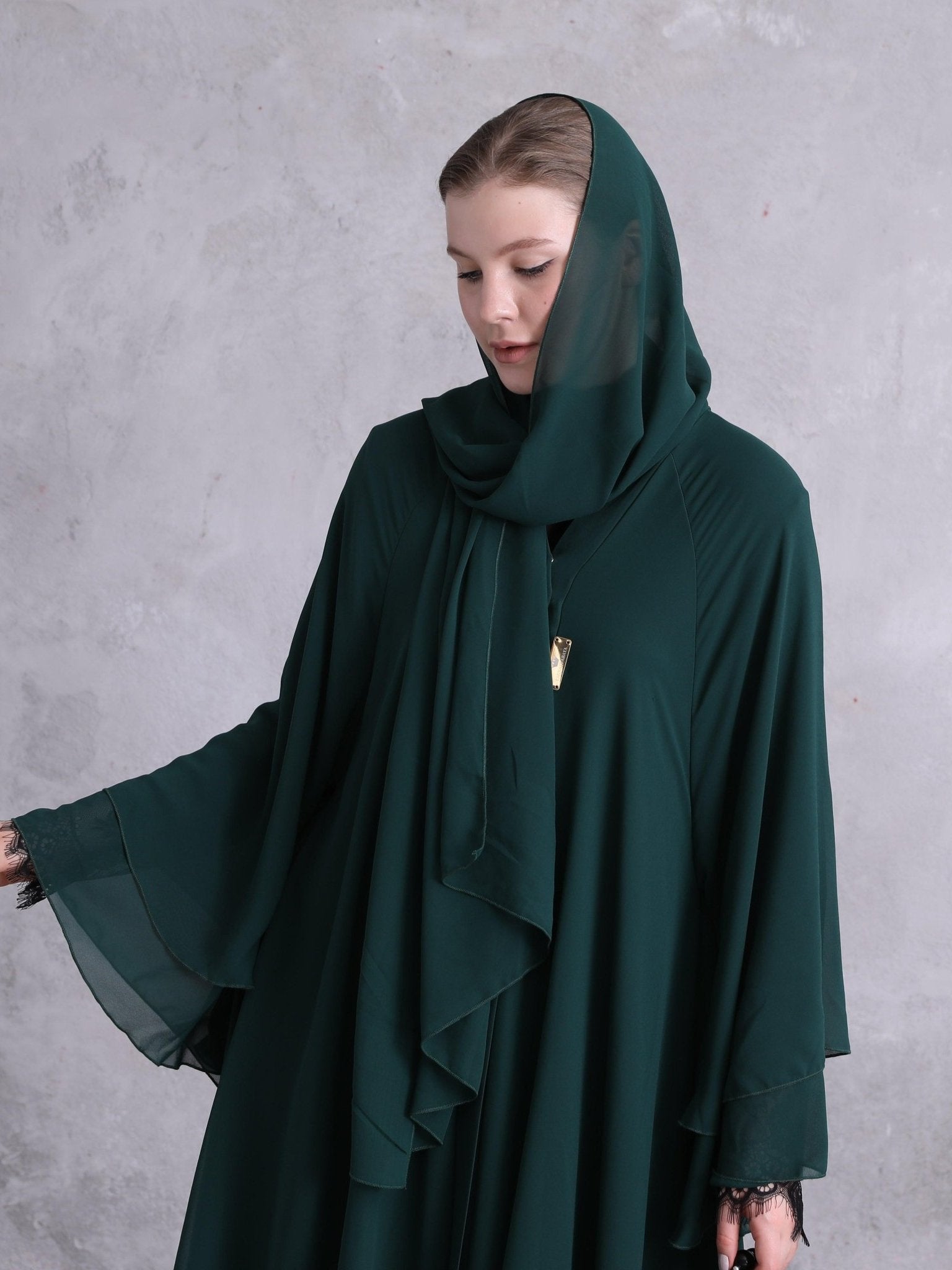 A Stunning Three - Layered Dark Green Abaya - Emirati Abaya TRA Stunning Three - Layered Dark Green Abaya