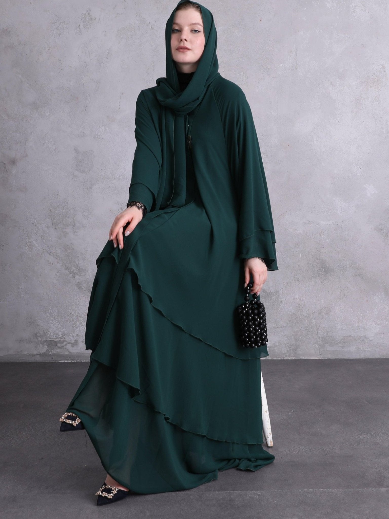 A Stunning Three - Layered Dark Green Abaya - Emirati Abaya TRA Stunning Three - Layered Dark Green Abaya