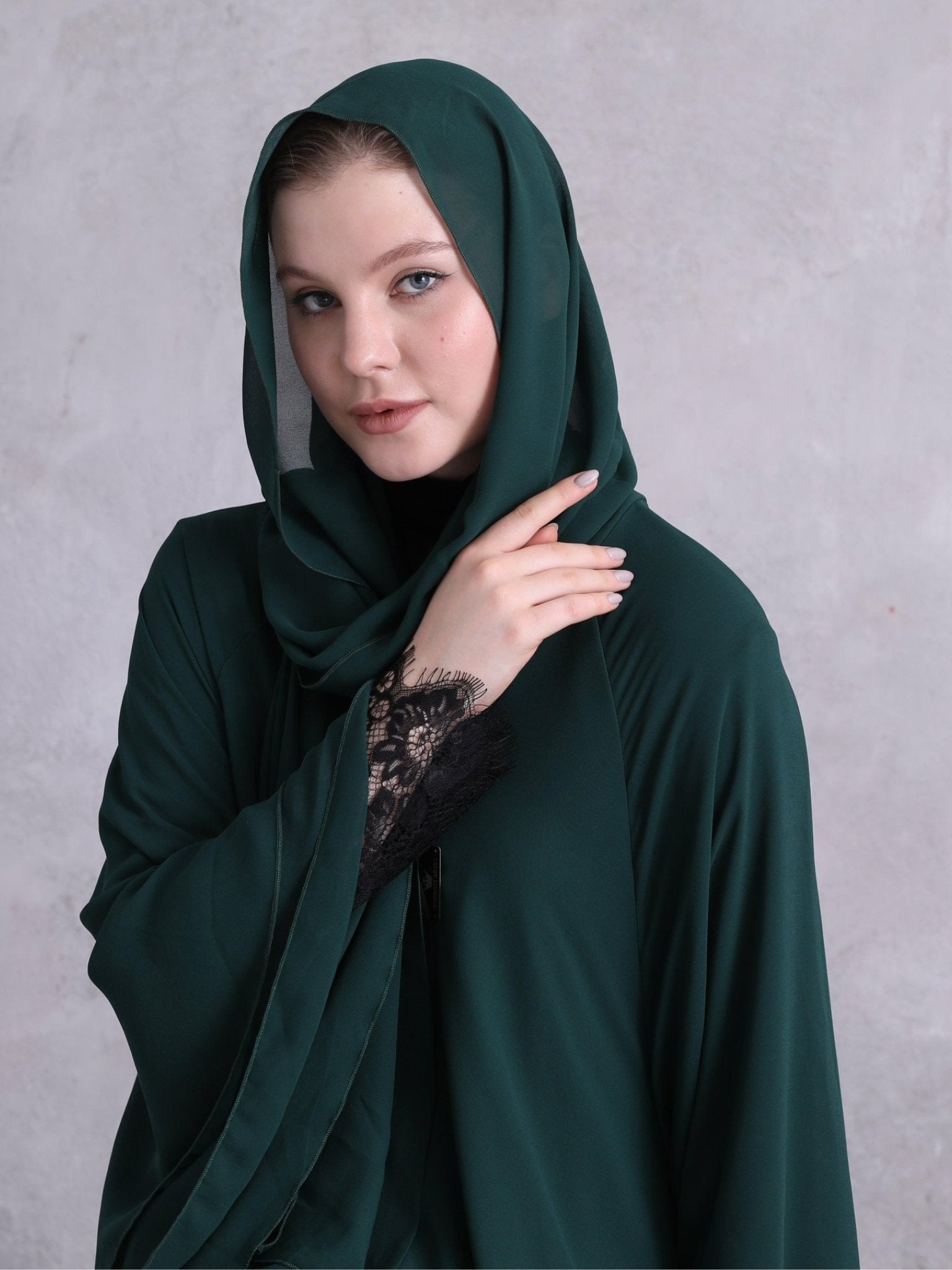 A Stunning Three - Layered Dark Green Abaya - Emirati Abaya TRA Stunning Three - Layered Dark Green Abaya