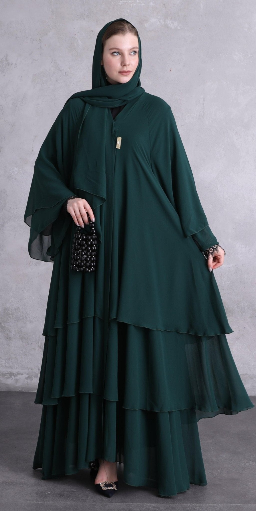 A Stunning Three - Layered Dark Green Abaya - Emirati Abaya TRA Stunning Three - Layered Dark Green Abaya
