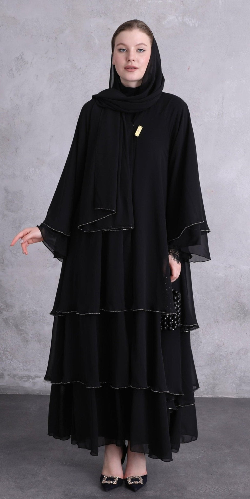 Siyah Swarovski Taşlı Üç Katlı Şifon Abaya RK011 BSB