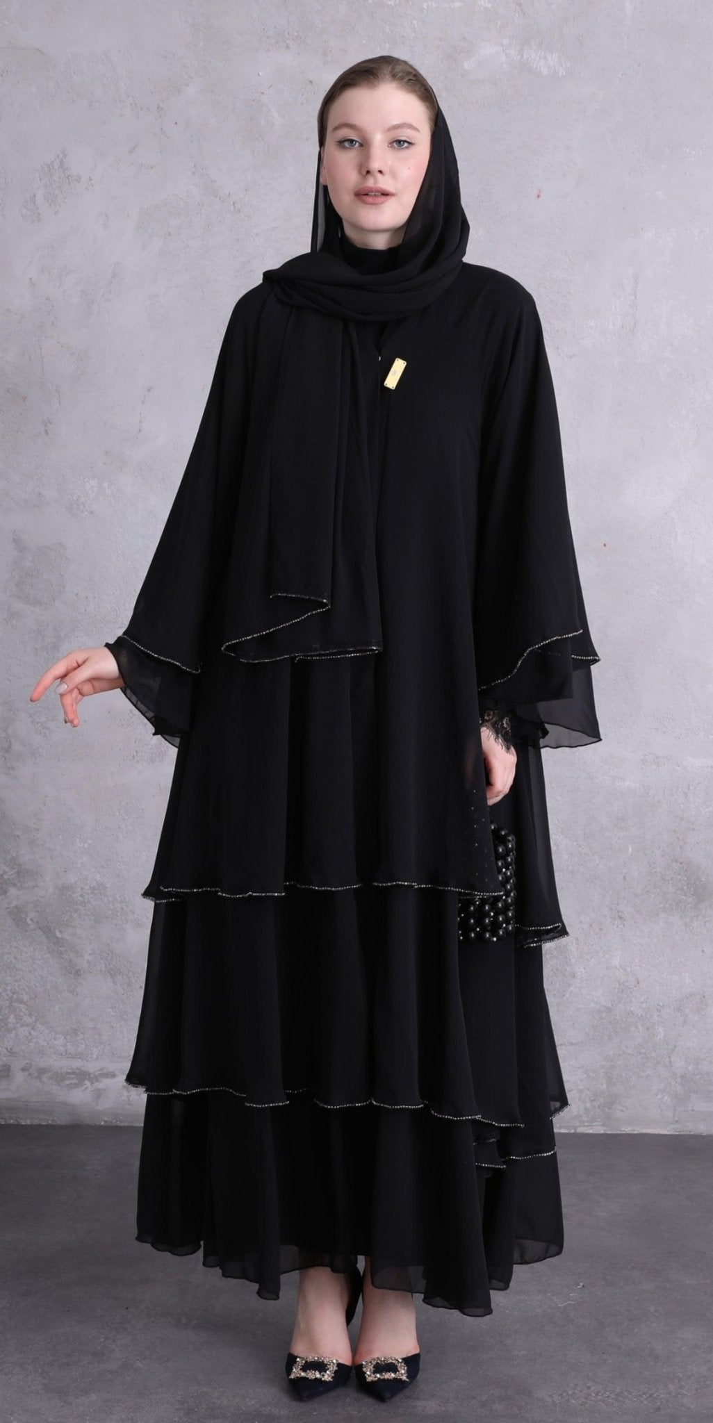 A Stunning Three - Layered Ensemble with Black Swarovski Stones - Emirati Abaya TRA Stunning Three - Layered Ensemble with Black Swarovski Stones