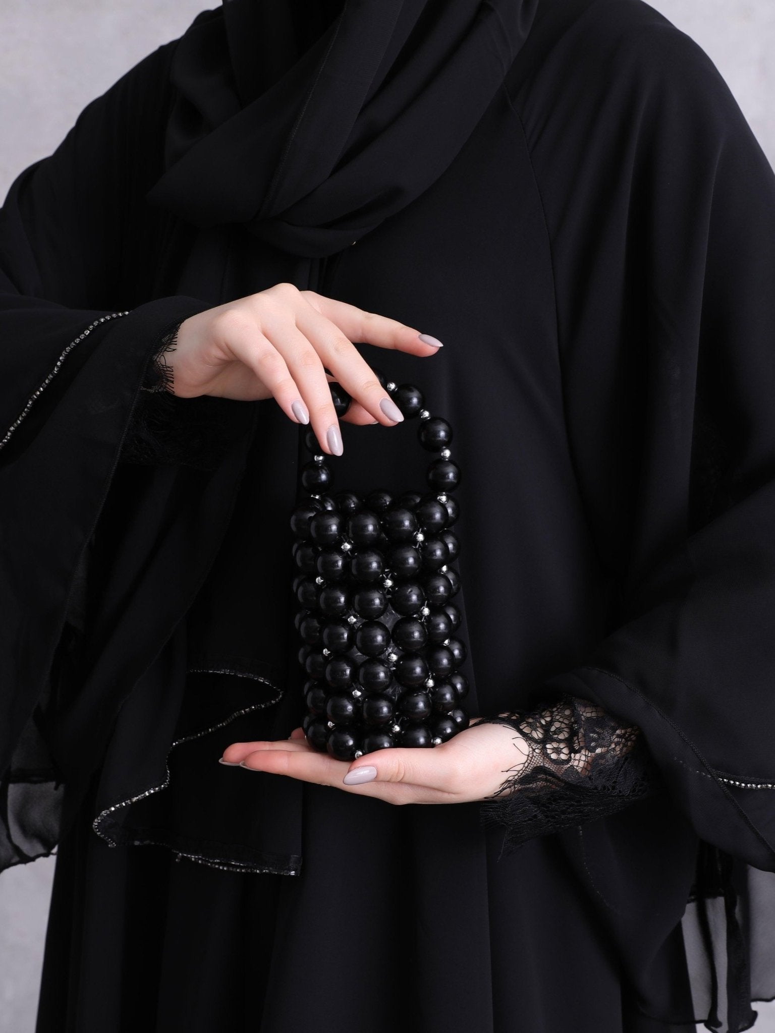 A Stunning Three - Layered Ensemble with Black Swarovski Stones - Emirati Abaya TRA Stunning Three - Layered Ensemble with Black Swarovski Stones