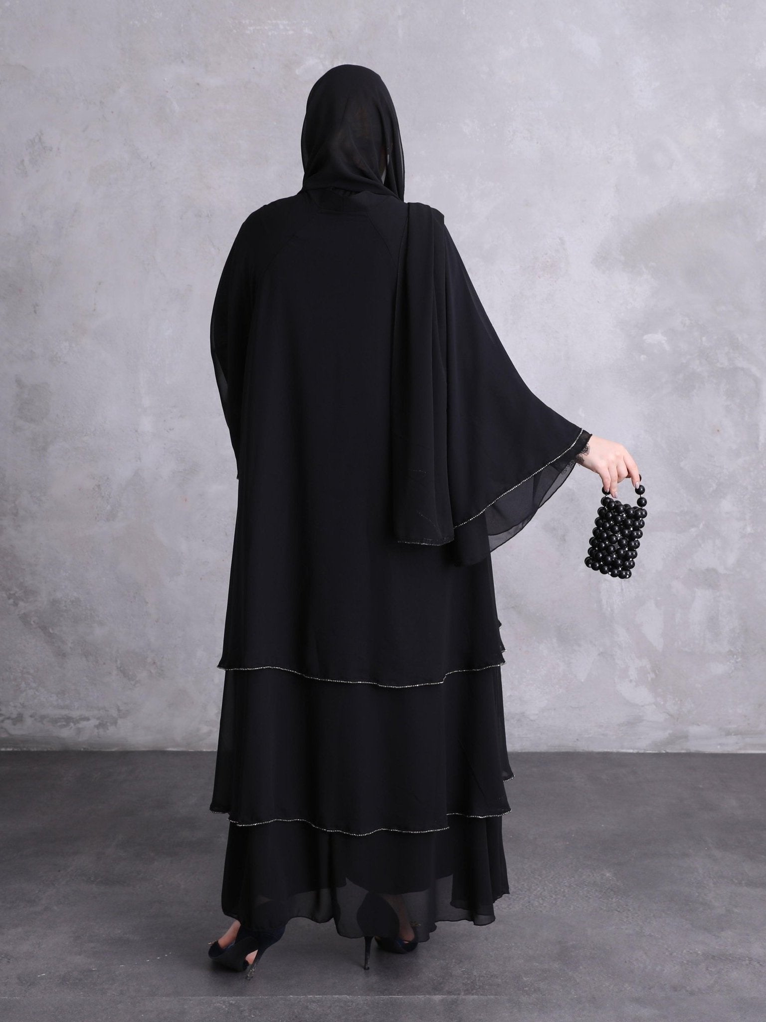 A Stunning Three - Layered Ensemble with Black Swarovski Stones - Emirati Abaya TRA Stunning Three - Layered Ensemble with Black Swarovski Stones