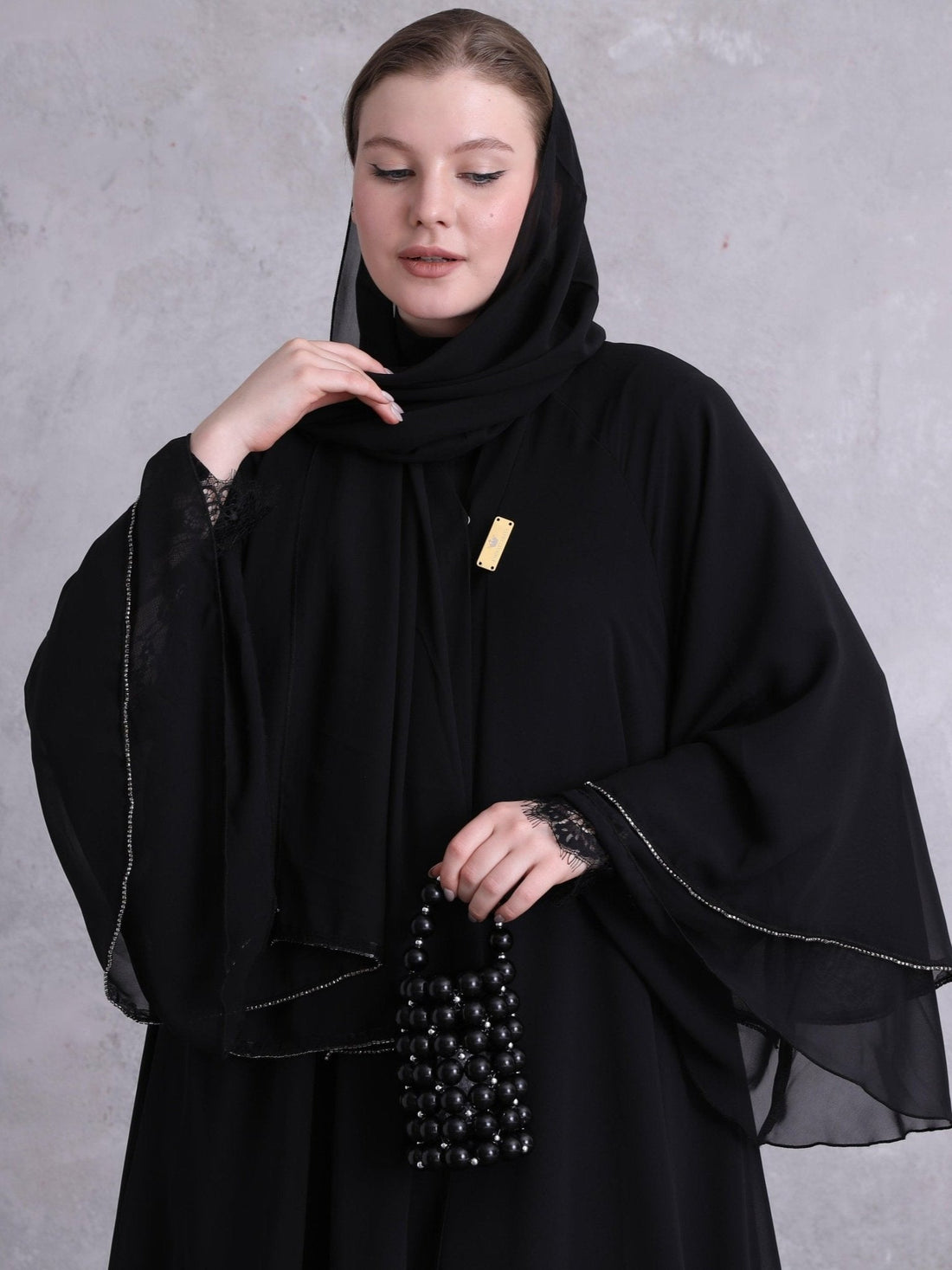 A Stunning Three - Layered Ensemble with Black Swarovski Stones - Emirati Abaya TRA Stunning Three - Layered Ensemble with Black Swarovski Stones