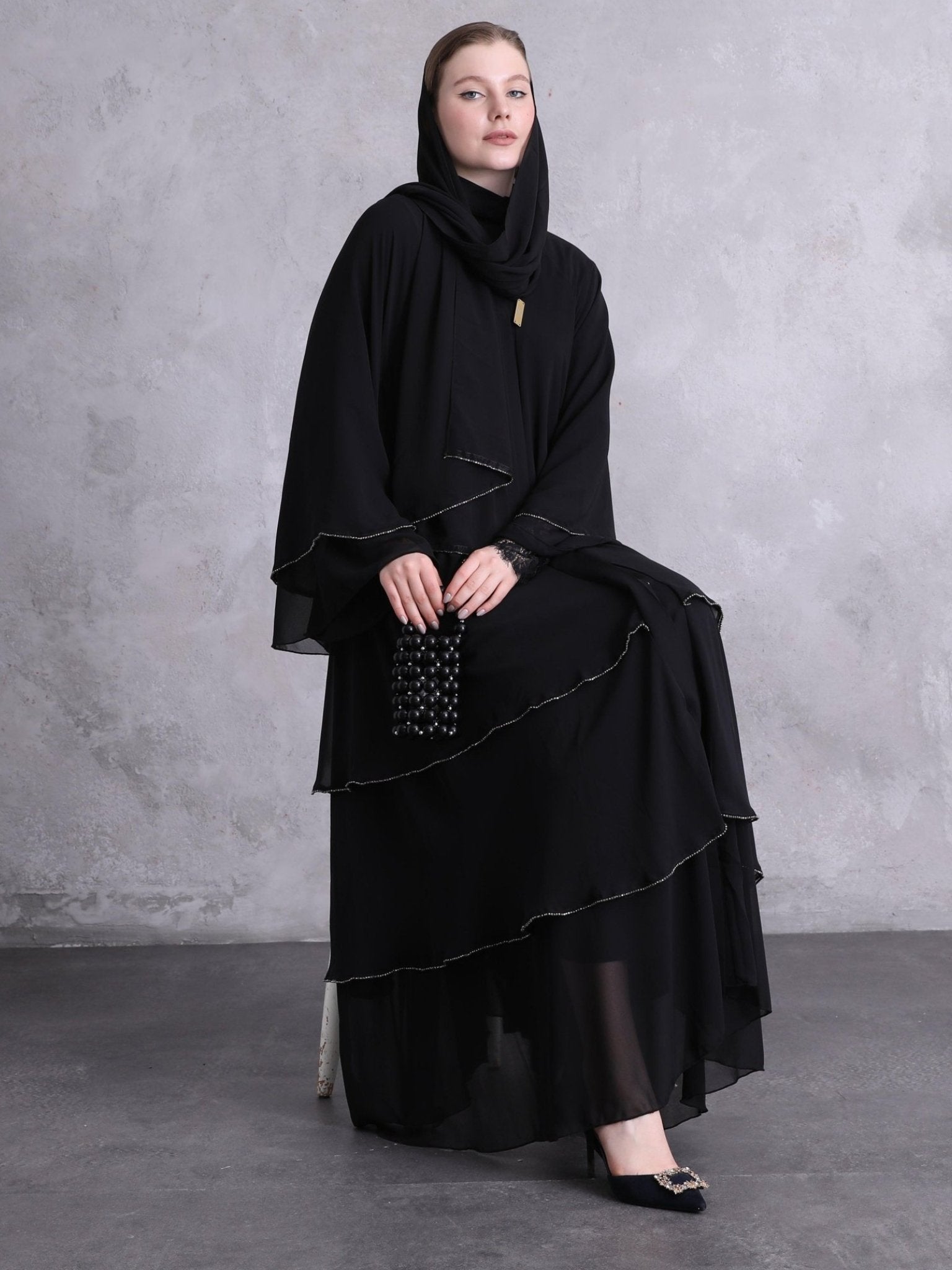 A Stunning Three - Layered Ensemble with Black Swarovski Stones - Emirati Abaya TRA Stunning Three - Layered Ensemble with Black Swarovski Stones