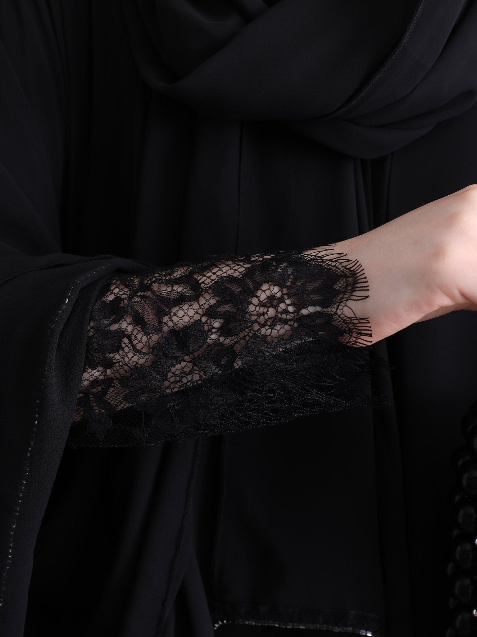 A Stunning Three - Layered Ensemble with Black Swarovski Stones - Emirati Abaya TRA Stunning Three - Layered Ensemble with Black Swarovski Stones