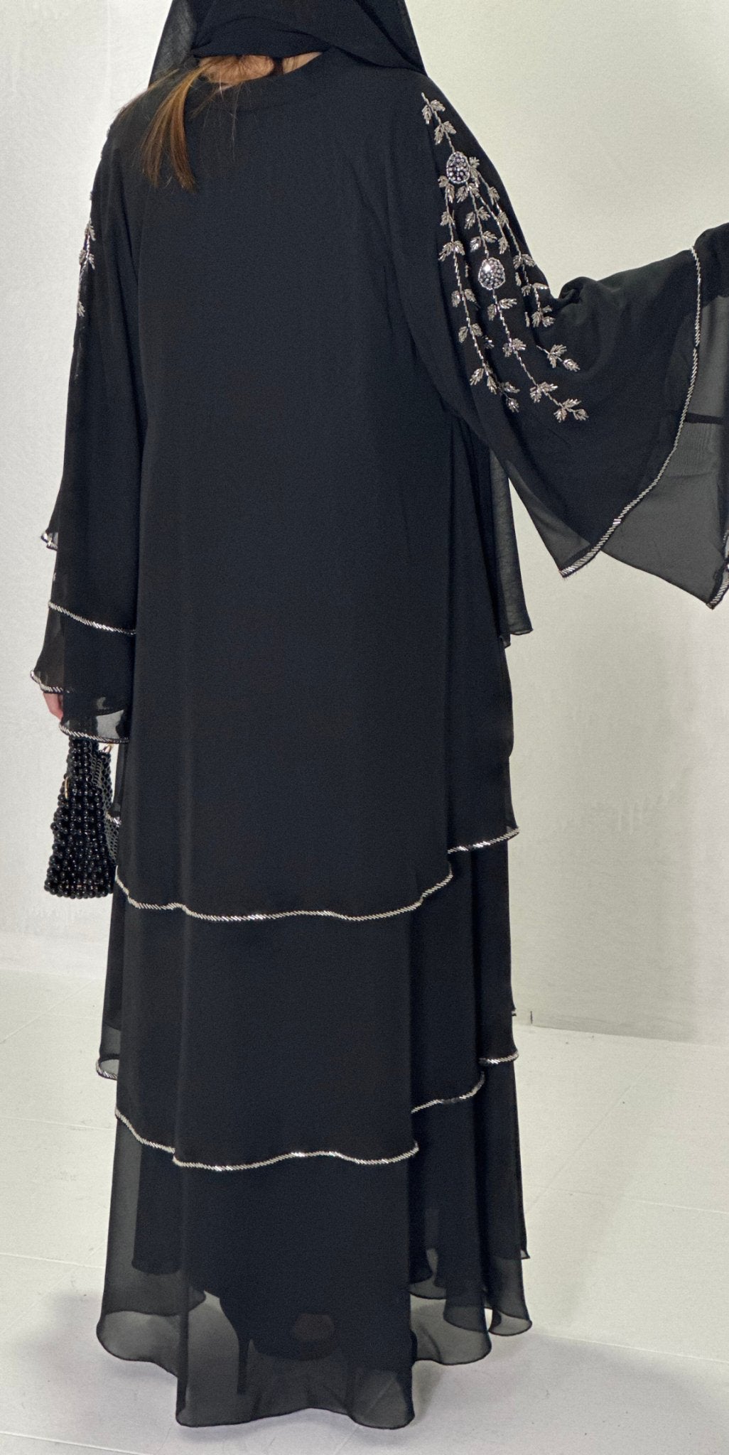 Black Barbie Abaya with Crystal Stone Shoulder and Frock - Emirati Abaya TRBlack Barbie Abaya with Crystal Stone Shoulder and Frock