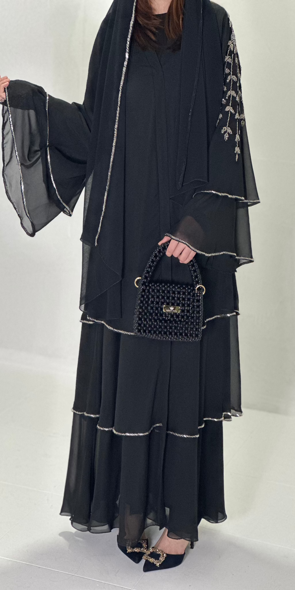 Black Barbie Abaya with Handcrafted Stone Shoulder and Frock - Emirati Abaya TR