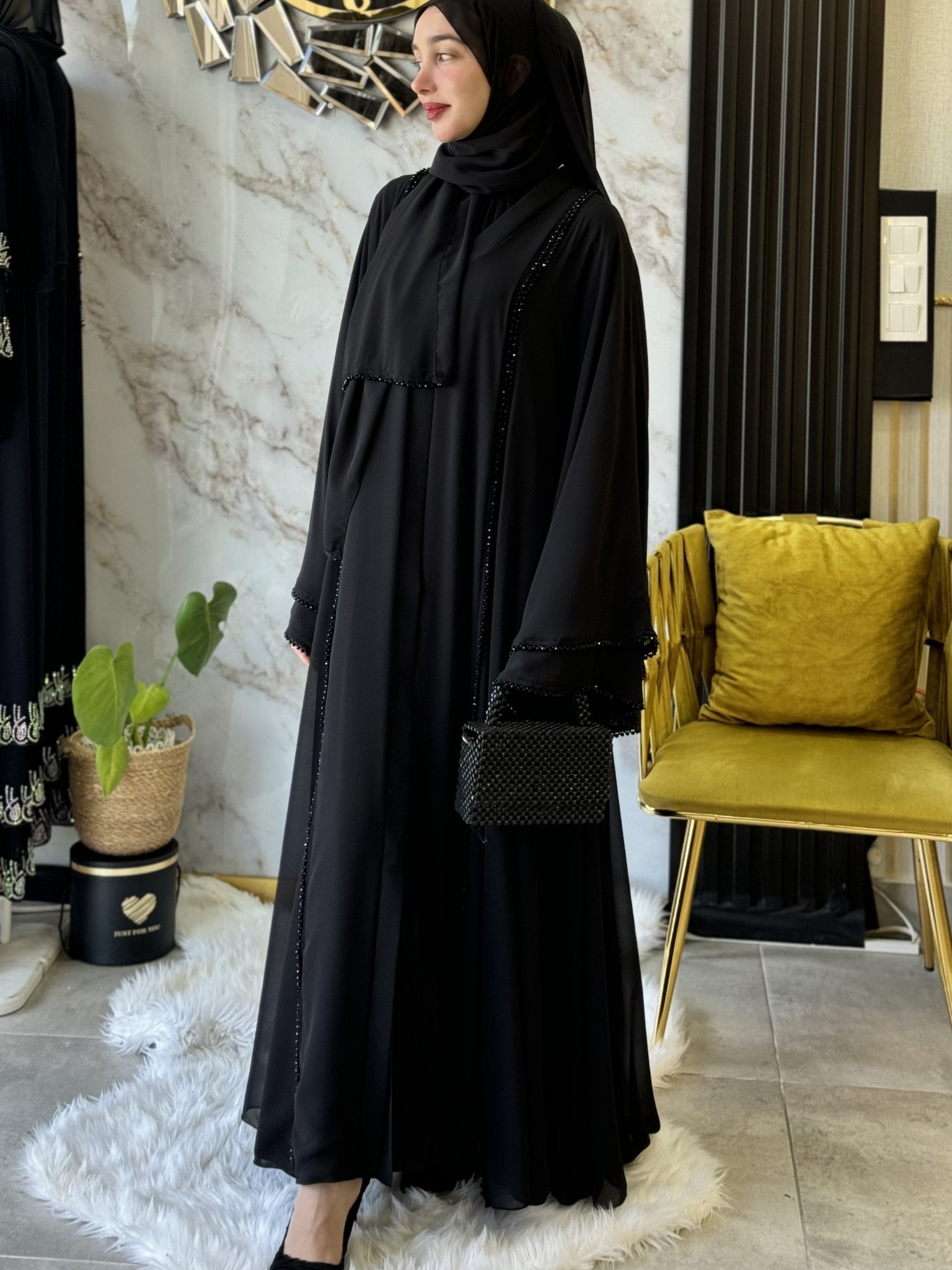 Black Luxe Side Open Abaya with Black Stones Hand Made - Emirati Abaya TRBlack Luxe Side Open Abaya with Black Stones Hand Made