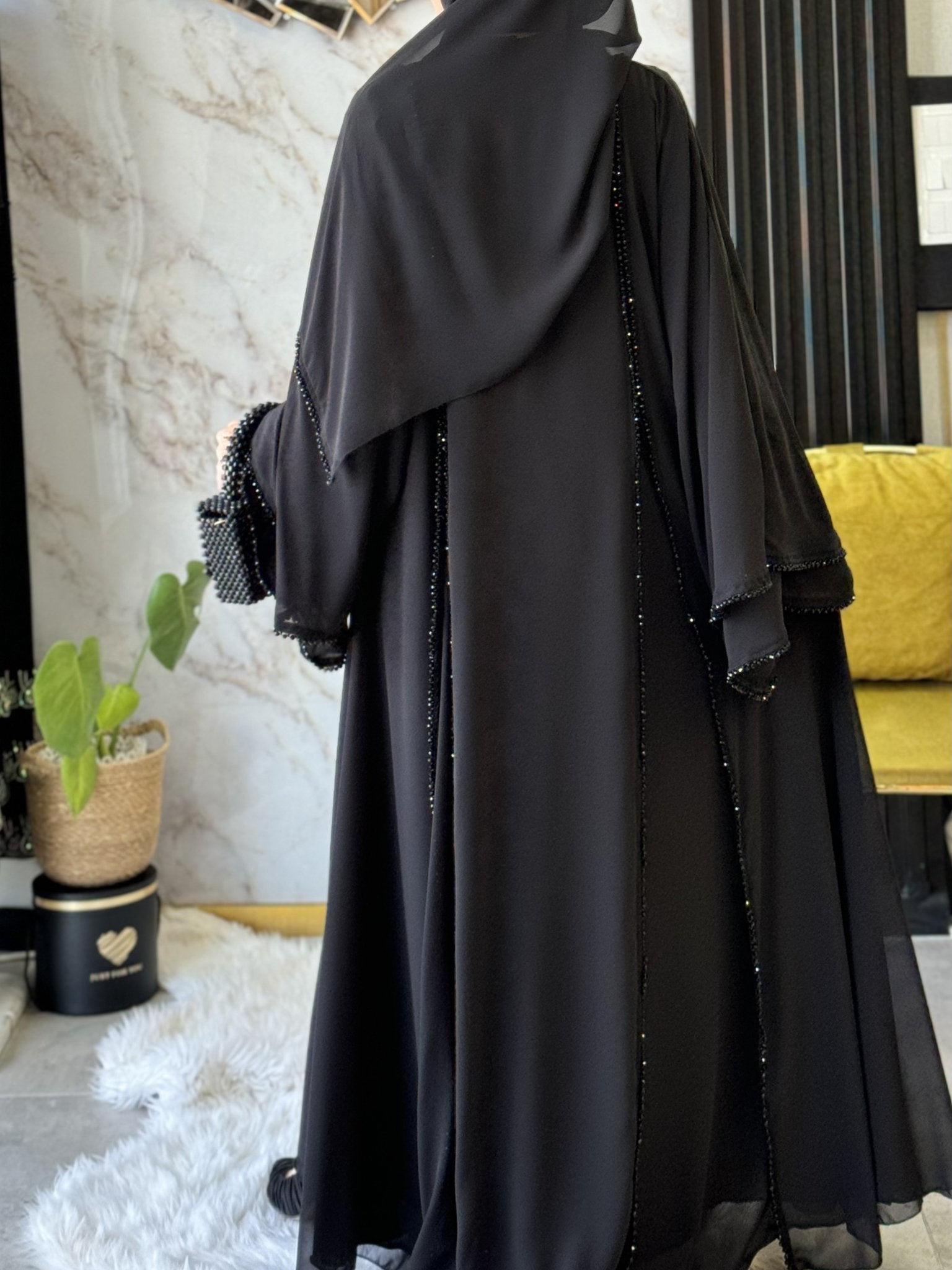 Black Luxe Side Open Abaya with Black Stones Hand Made - Emirati Abaya TRBlack Luxe Side Open Abaya with Black Stones Hand Made