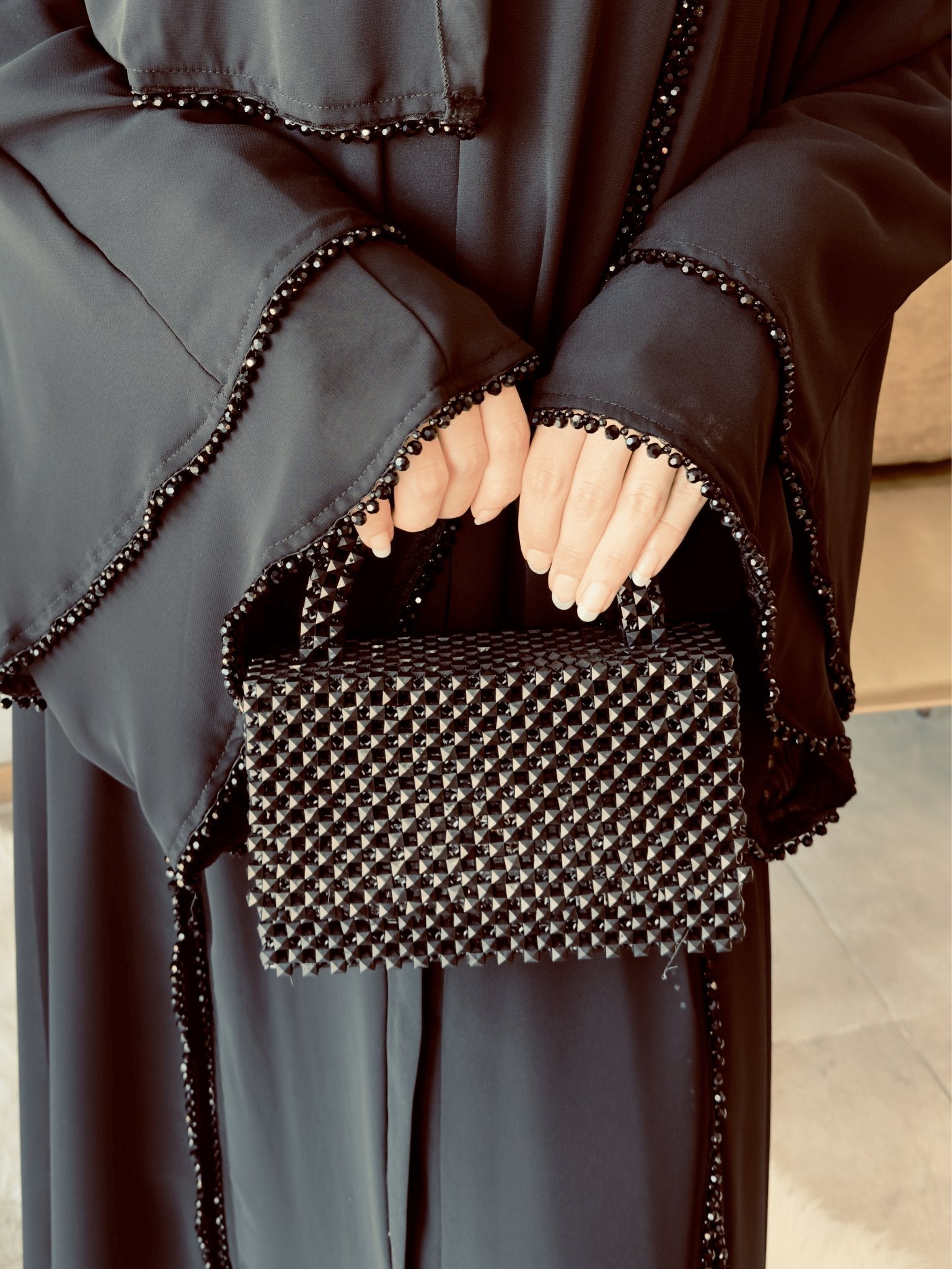 Black Luxe Side Open Abaya with Black Stones Hand Made - Emirati Abaya TRBlack Luxe Side Open Abaya with Black Stones Hand Made