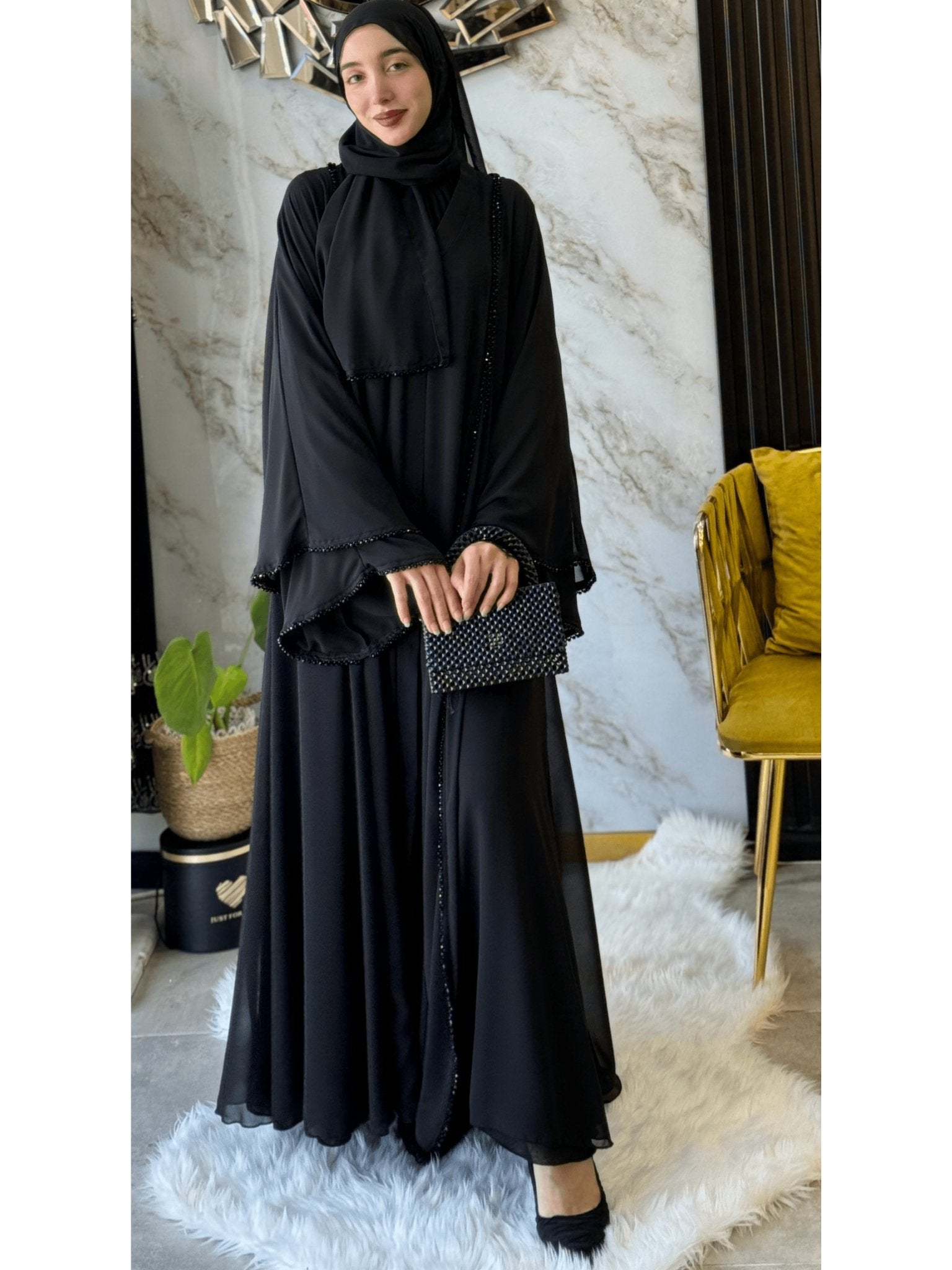 Black Luxe Side Open Abaya with Black Stones Hand Made - Emirati Abaya TRBlack Luxe Side Open Abaya with Black Stones Hand Made