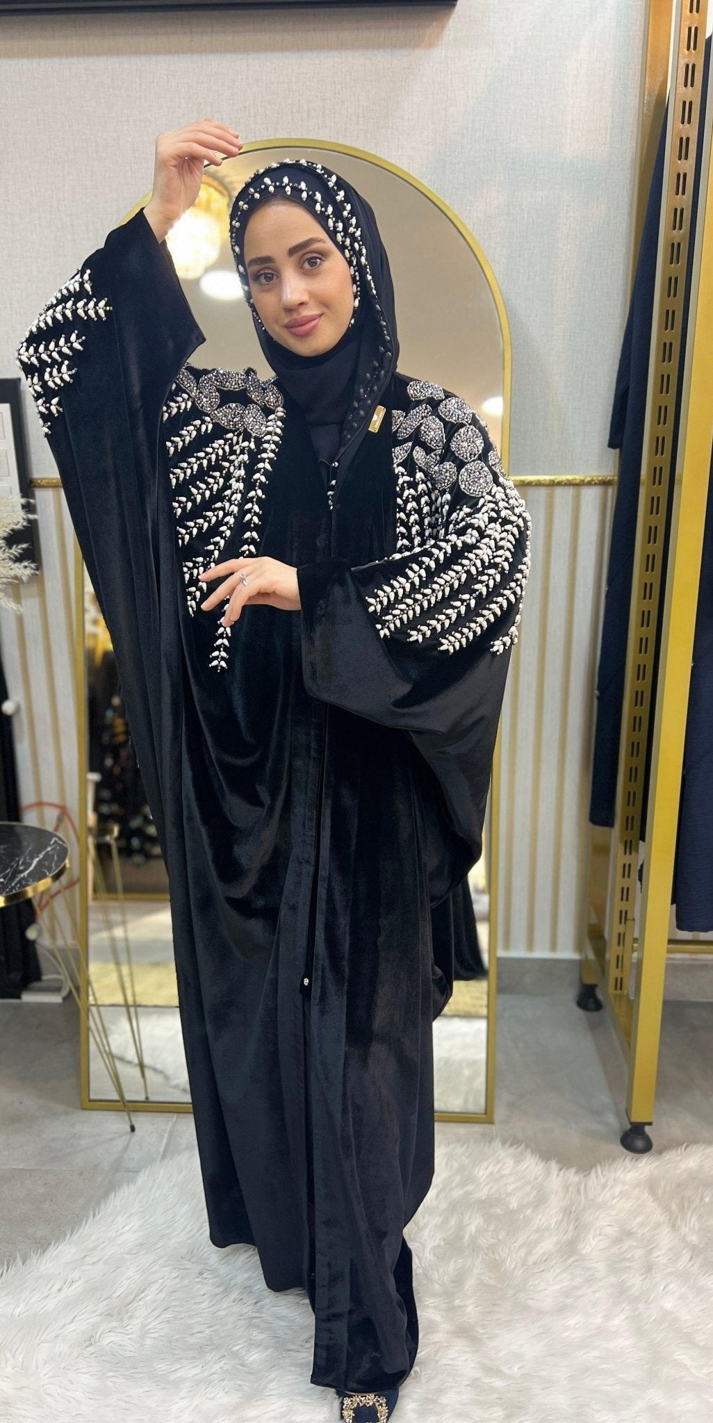 Black Velvet Butterfly Shoulder Stone Abaya - Handmade Luxury - Emirati Abaya TRBlack Velvet Butterfly Shoulder Stone Abaya - Handmade Luxury