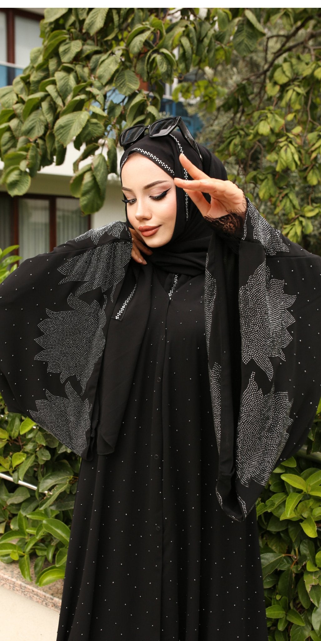 Dotted Elegance Hematite Abaya - Emirati Abaya TRDotted Elegance Hematite Abaya