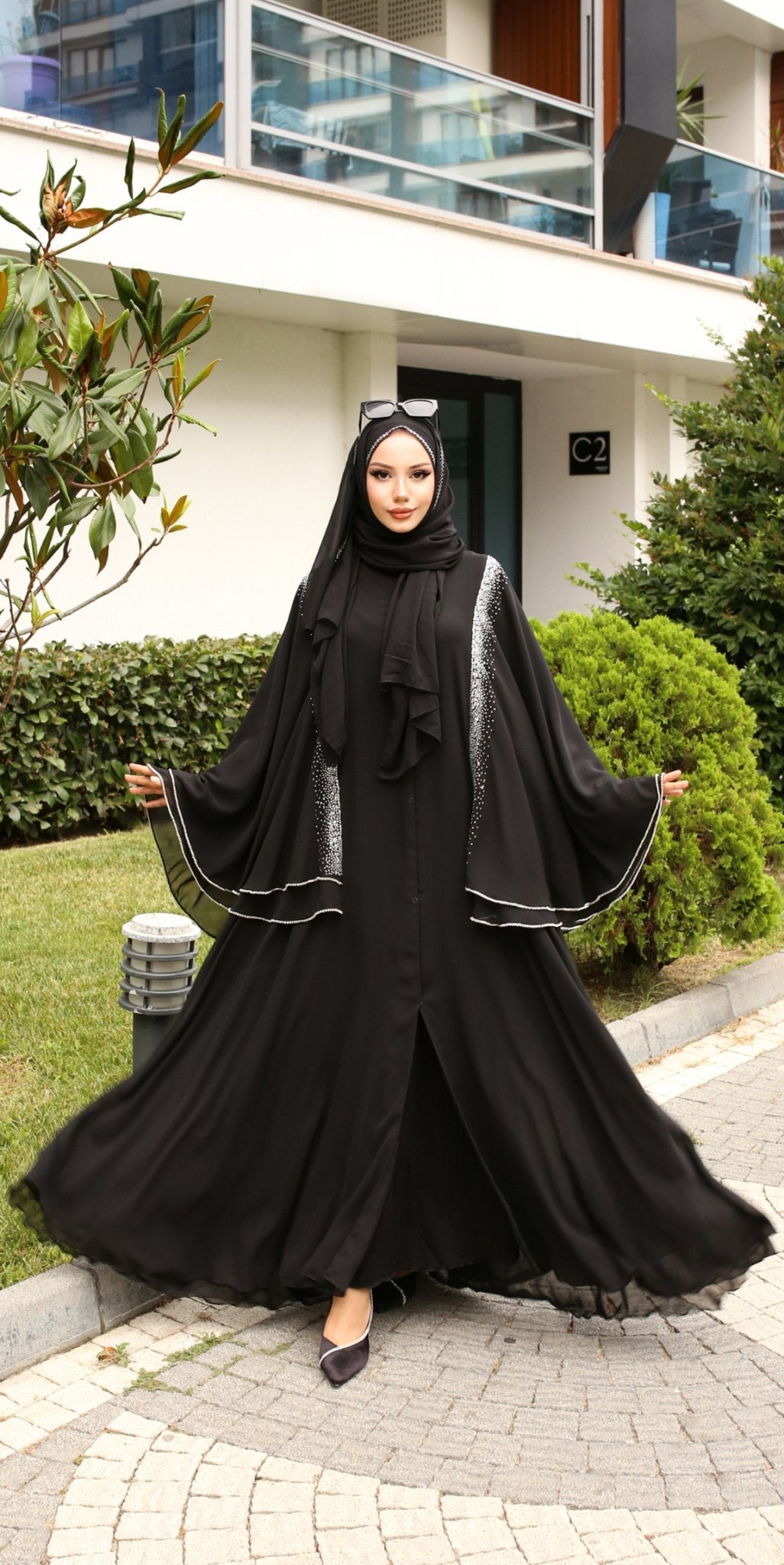 Dubai Chiffon Abaya with Swarovsk - Emirati Abaya TRDubai Chiffon Abaya with Swarovsk