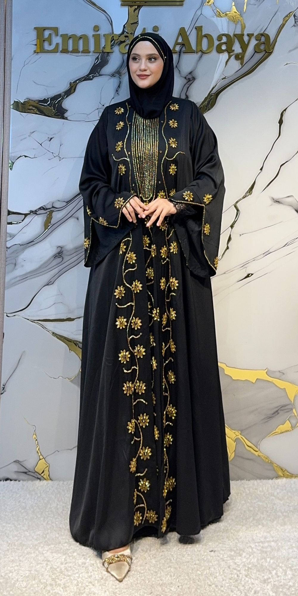 El İşlemeli Gold Çiçek Taşlı Siyah Dubai Abaya EF0059 GSB önden