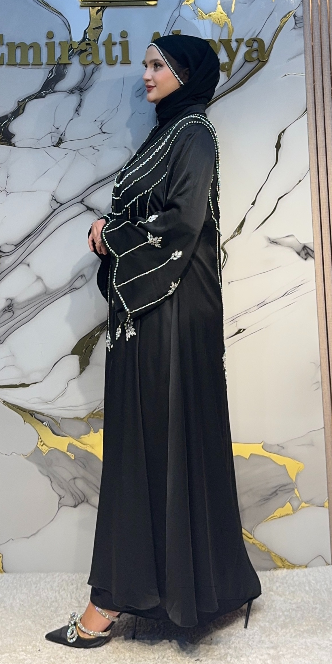 El İşlemeli Zincir Desenli Siyah Dubai Abaya EF0060 WSB yandan